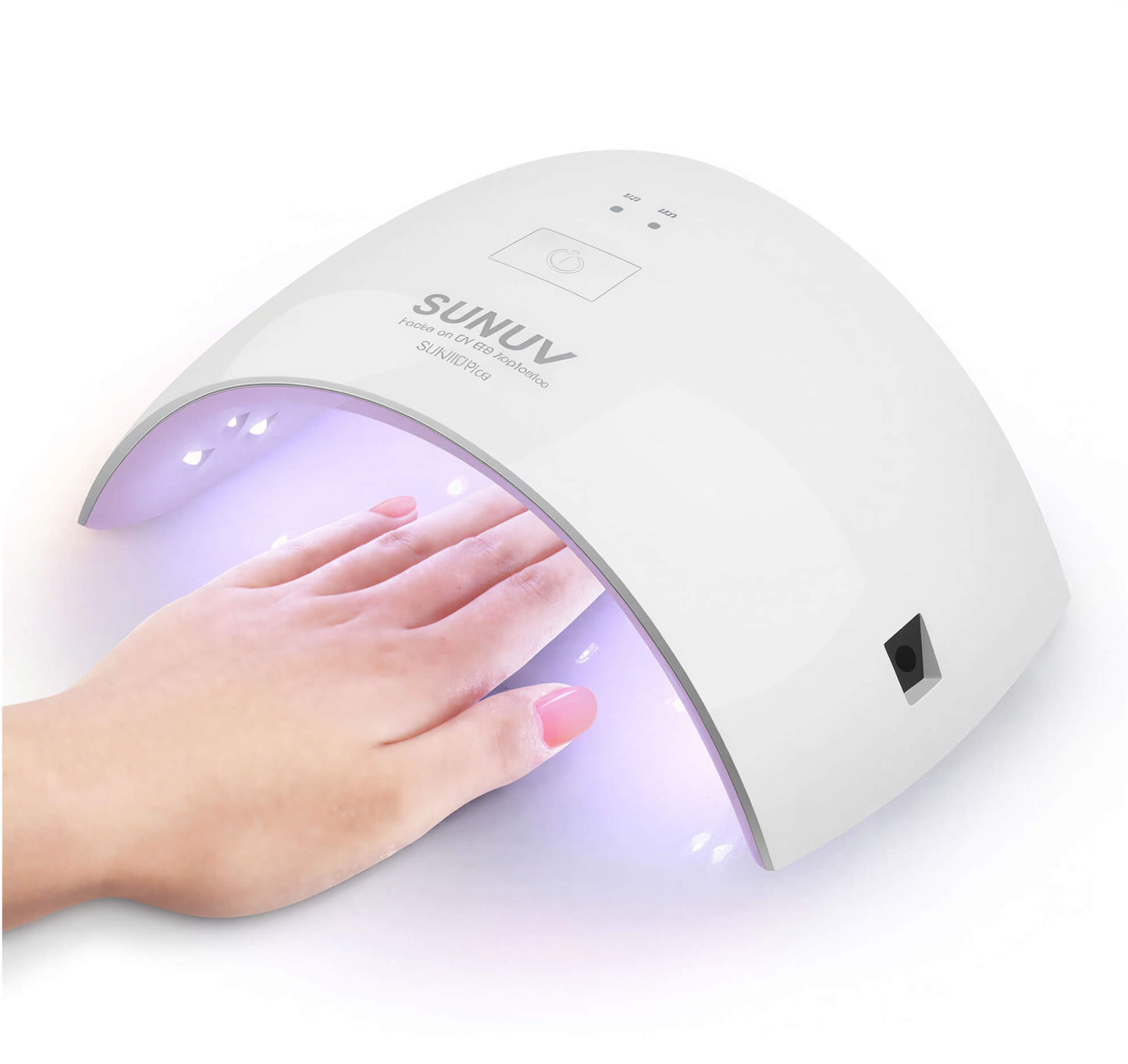 White UV LED lamp with a hand inside, featuring a power button and purple curing lights for nail treatments.