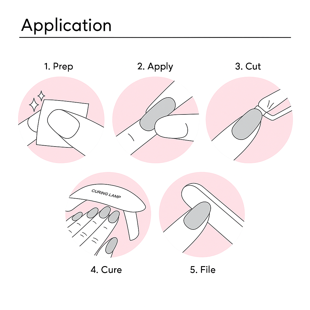 Five-step guide for applying nail wraps, featuring illustrated icons for prep, apply, cut, cure, and file steps.