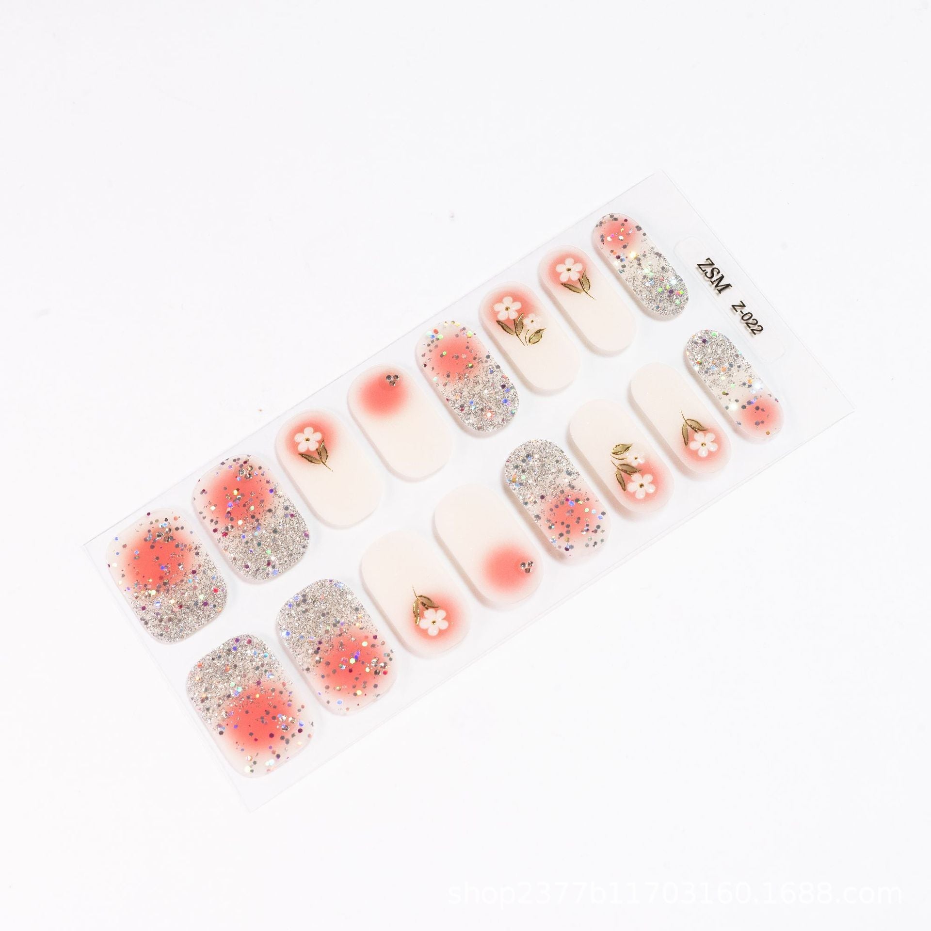 3D nail sticker set featuring pink gradient, glitter accents, and floral designs on various nail shapes.