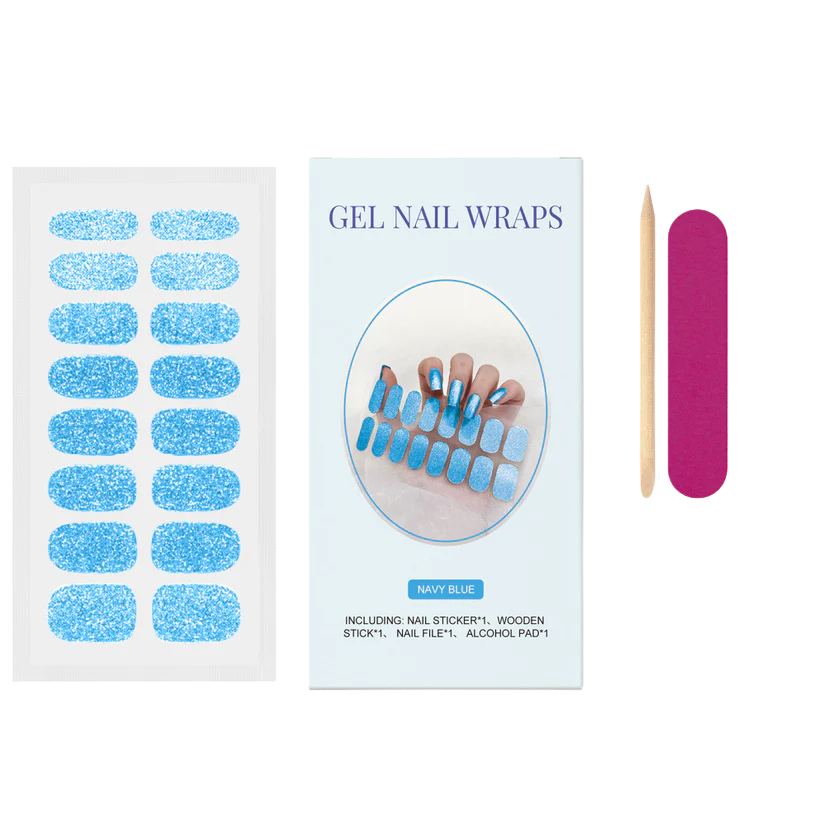 Currant™ Glitter gel nail wraps in navy blue with glitter, includes wooden stick, nail file, and alcohol pad.