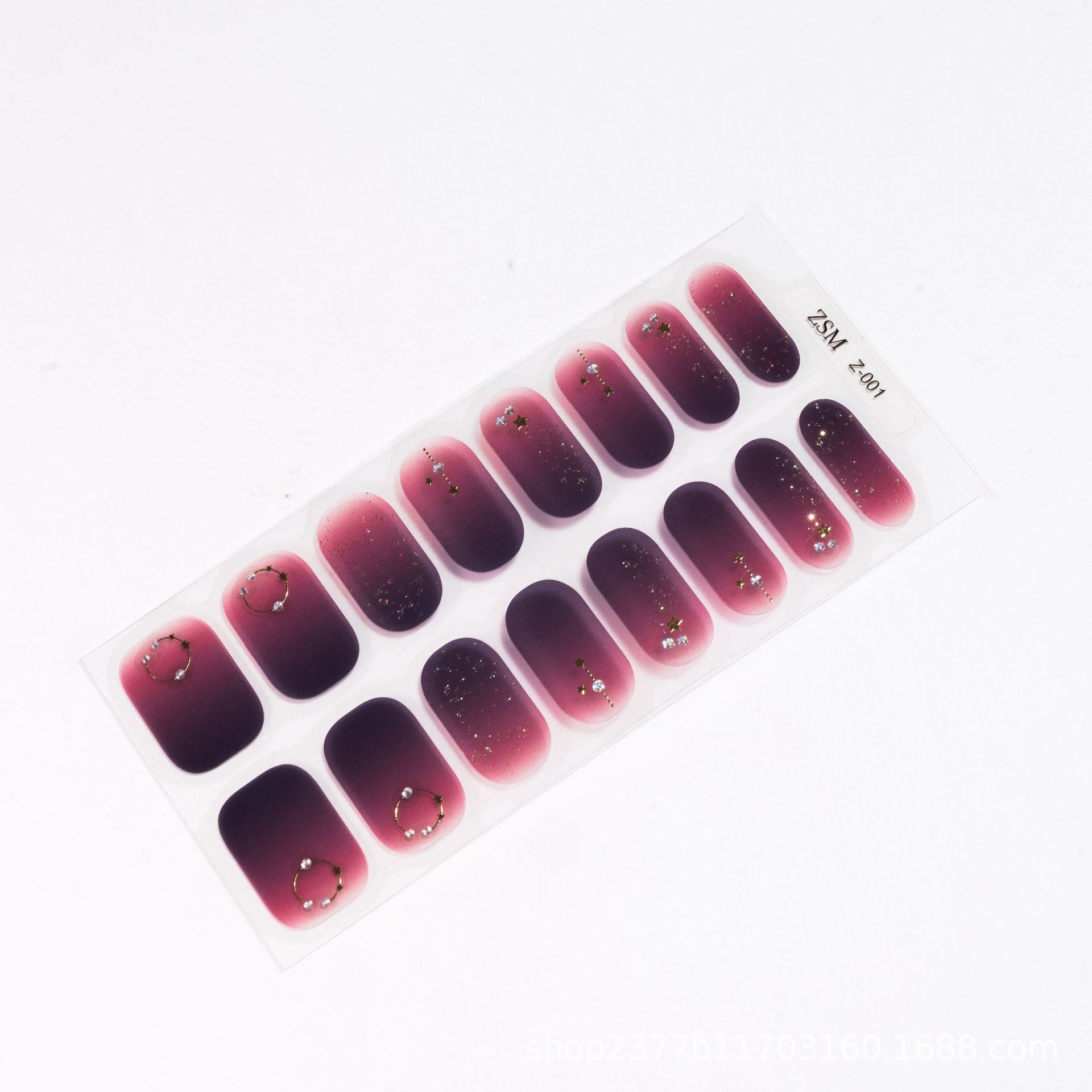 3D nail sticker sheet featuring gradient purple and pink designs with gold embellishments.
