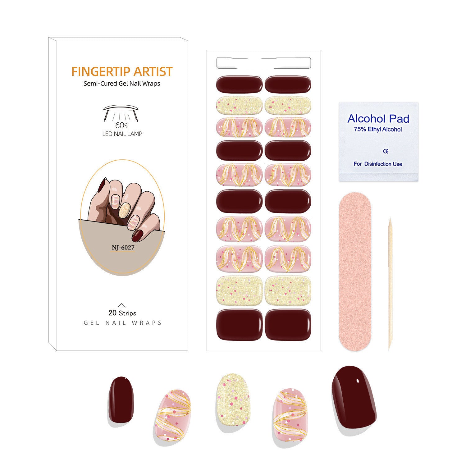 Currant™ Canvas Kit with gel nail wraps, alcohol pad, and nail file in various colors and designs displayed on a white bac...