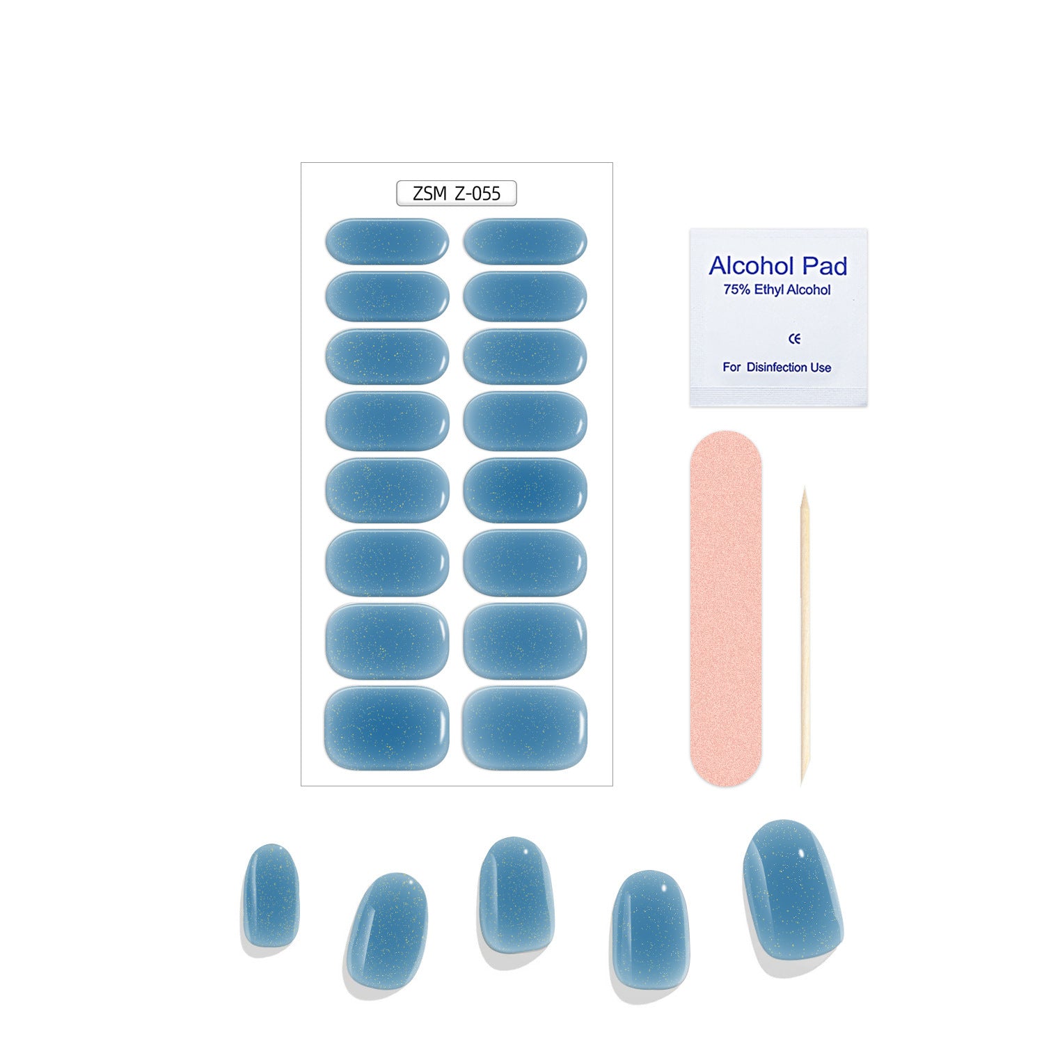 Crystal Chrome fashion nails in blue with a glossy finish, accompanied by an alcohol pad, nail file, and wooden stick.