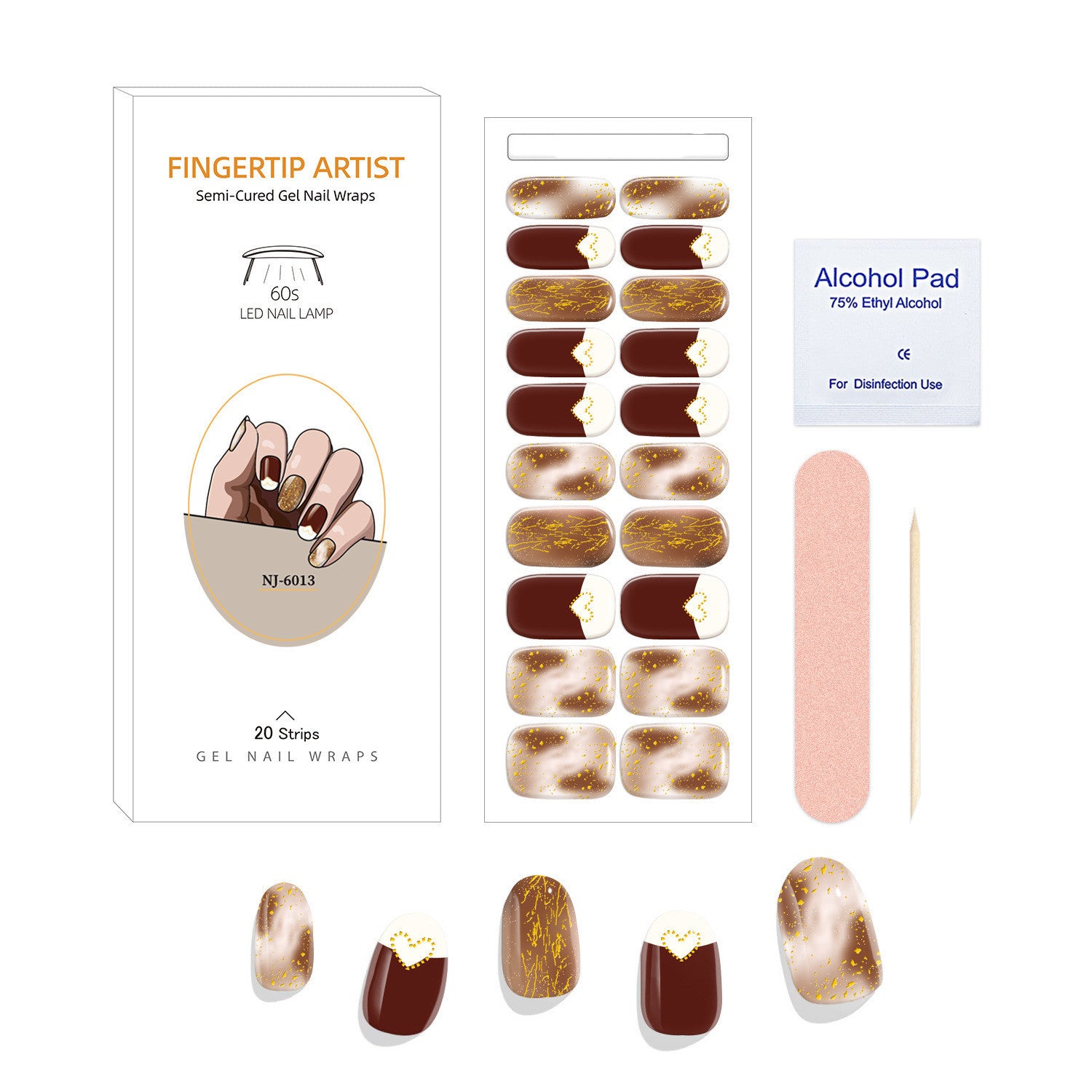 Currant™ Canvas Kit includes gel nail wraps in brown and gold, an alcohol pad, and a nail file for easy application.