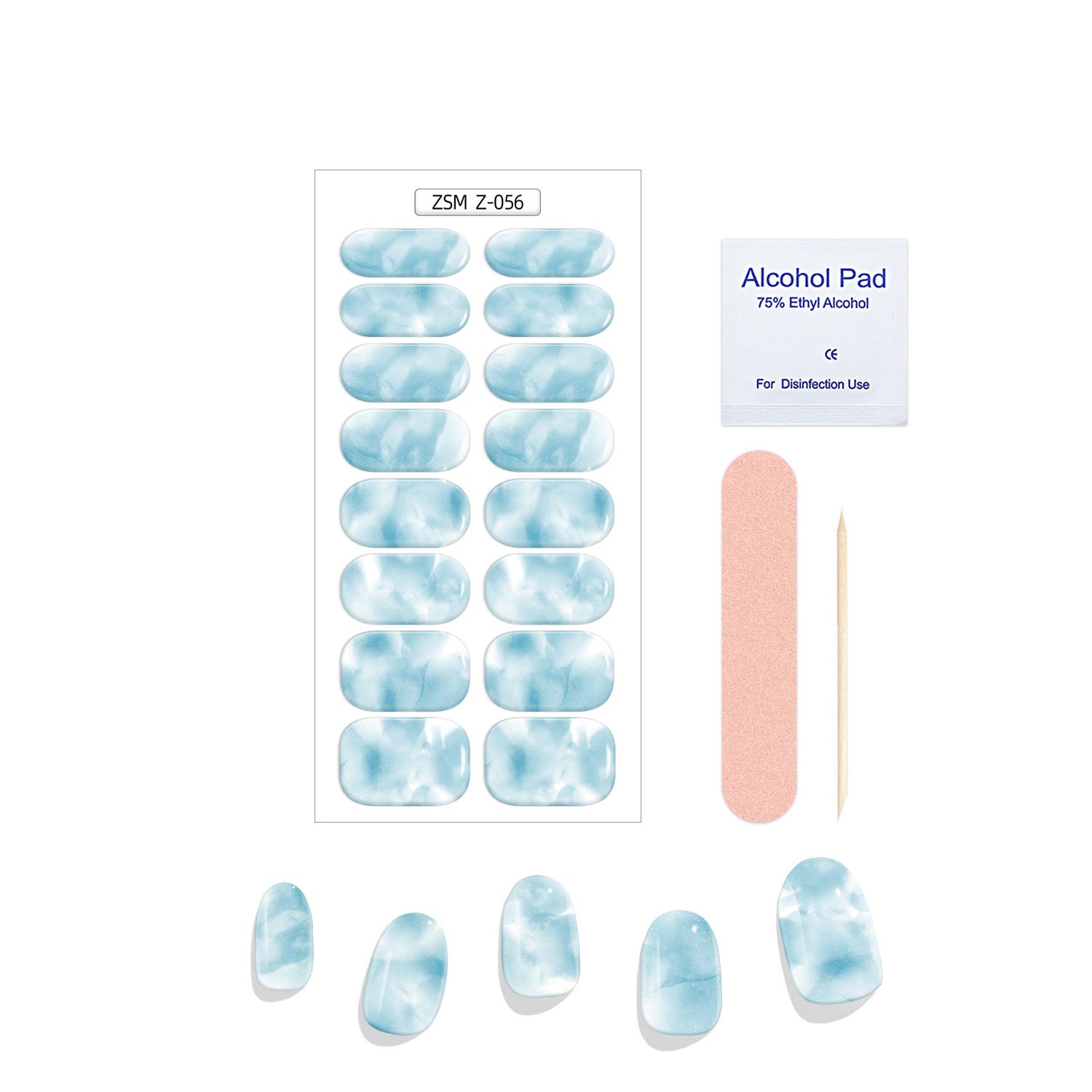 Crystal Chrome fashion set featuring blue marbled press-on nails, alcohol pad, nail file, and wooden stick.