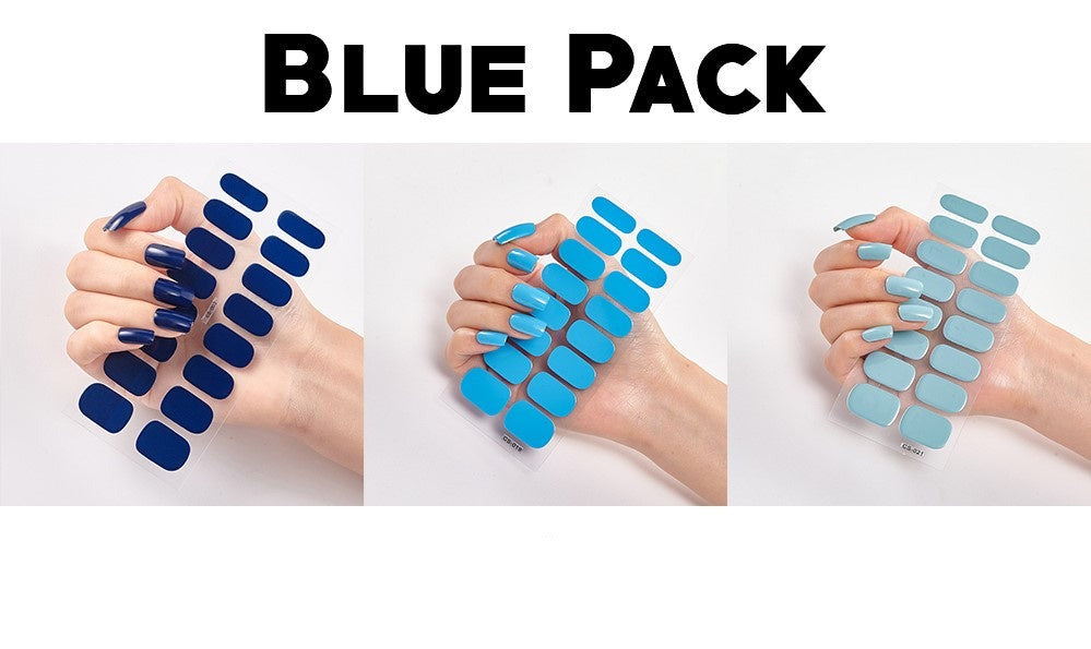 Three sets of blue nail polish swatches, showcasing dark blue, medium blue, and light blue shades on a hand.