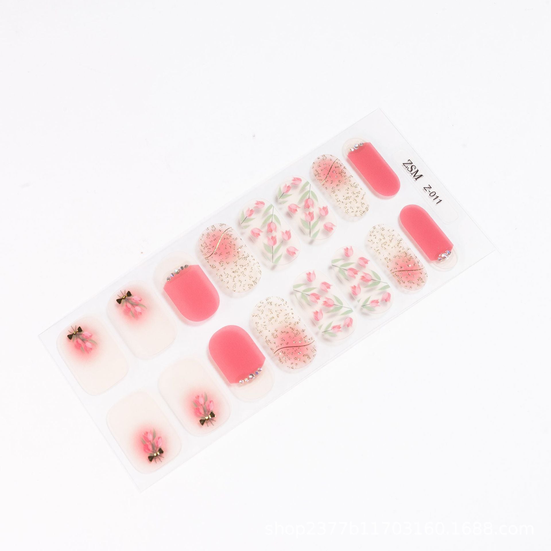 3D nail sticker sheet featuring floral designs, pink and nude colors, and decorative gems in various shapes.