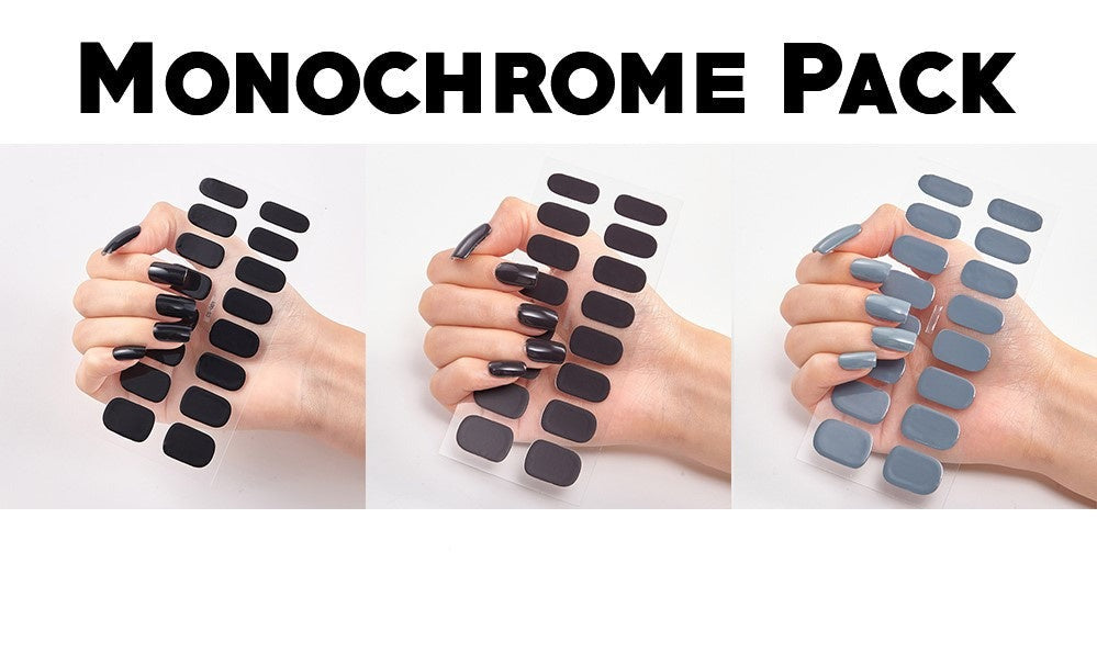 Triple bundle featuring three sets of monochrome nail wraps in black, dark gray, and light gray shades.