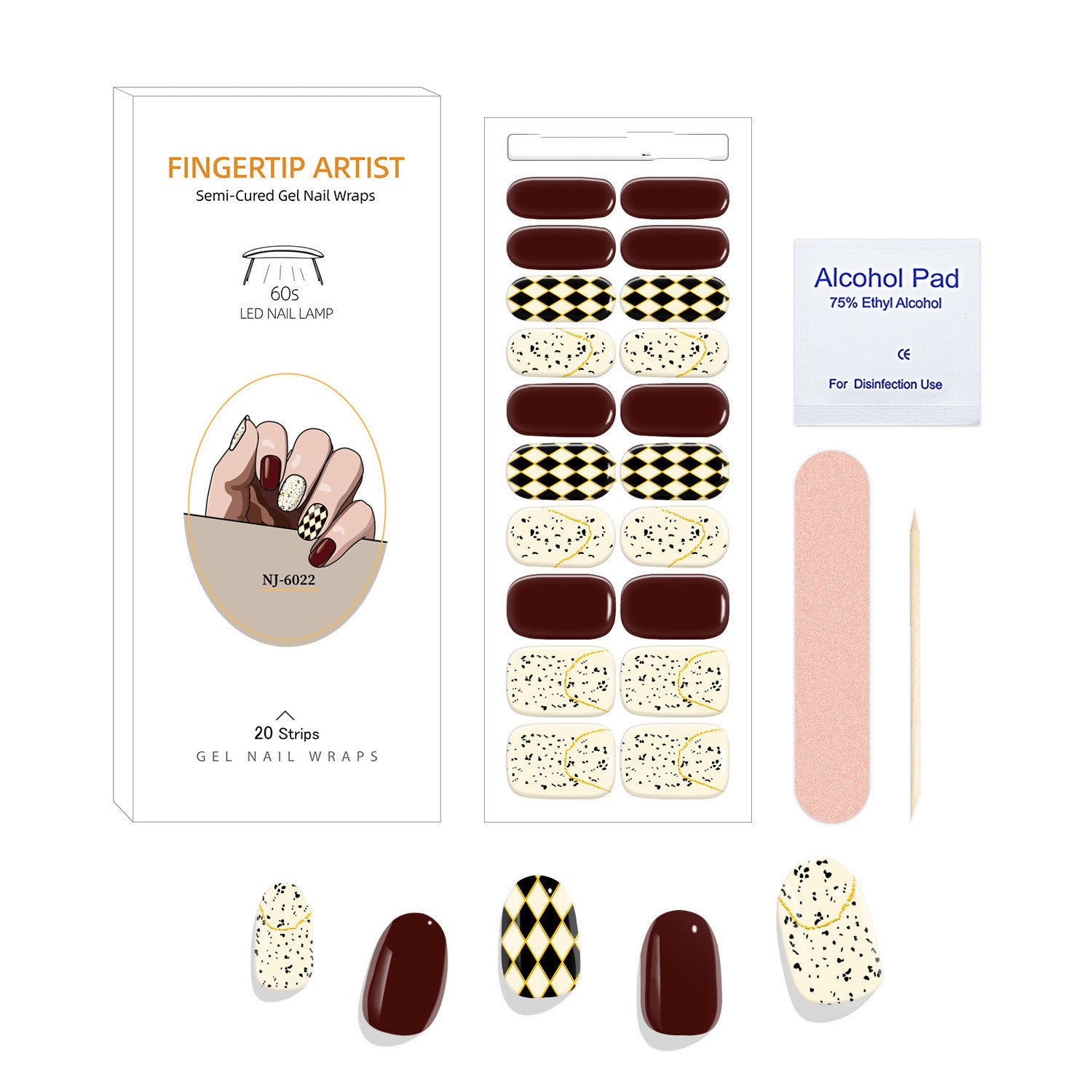 Currant™ Canvas Kit with gel nail wraps in burgundy, cream, and gold patterns, including an alcohol pad and nail file.