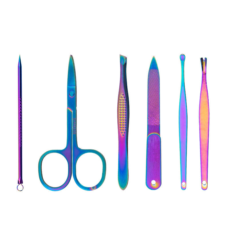 8-piece manicure set featuring colorful metallic tools including scissors, tweezers, and nail files.