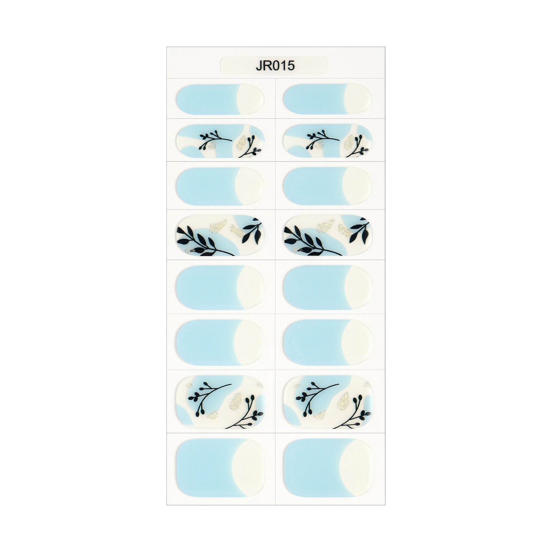 The Designer Gel Edit features light blue gel nail strips with floral designs and a glossy finish.