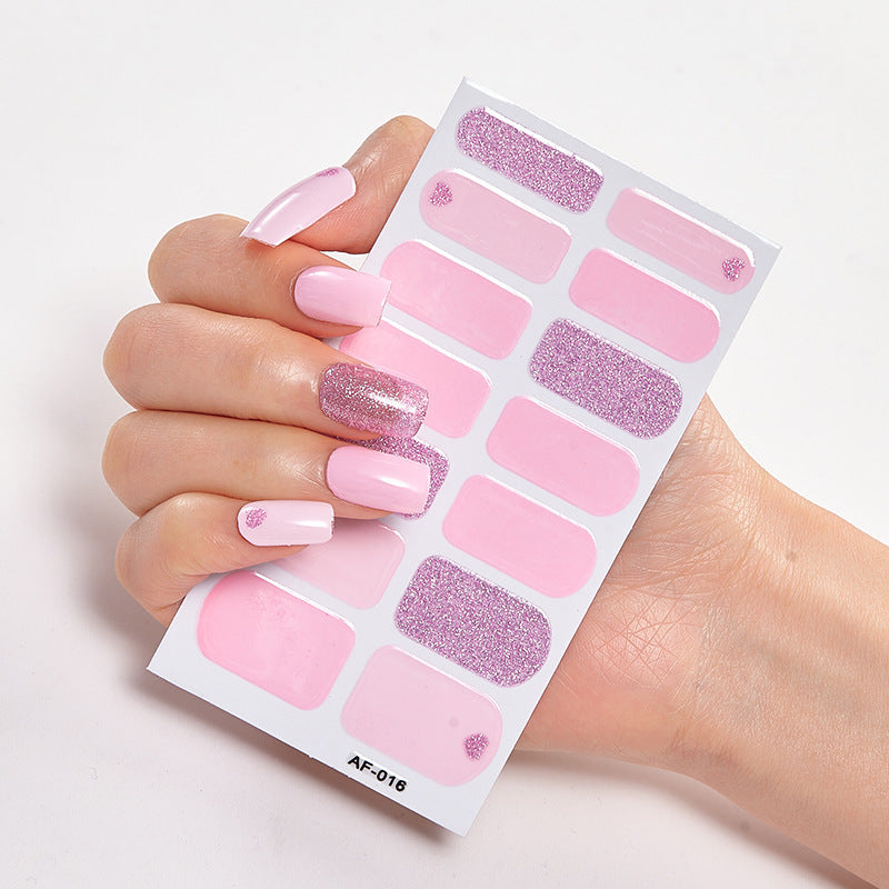 Every Shade of You nail wrap set featuring various pink shades and glitter designs on a hand with long nails.