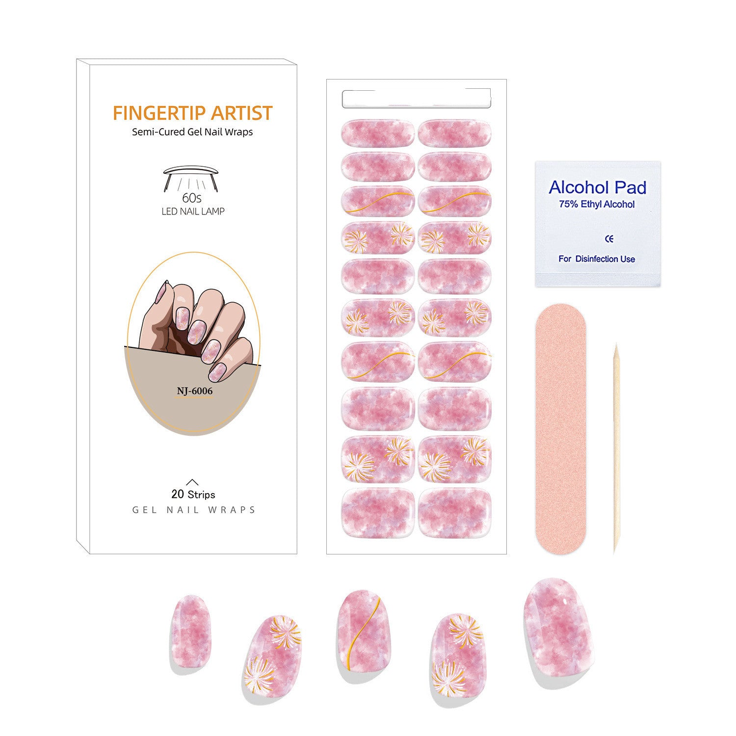 Currant™ canvas kit featuring pink gel nail wraps with floral designs, alcohol pad, and nail file in a compact package.