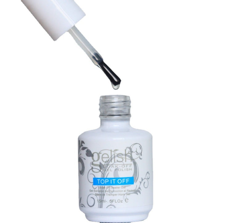 Gel top coat in a white bottle with a black design, featuring a dropper dispensing the clear polish.