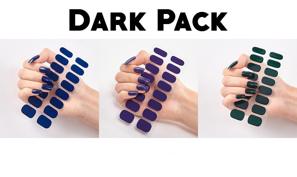 Triple bundle featuring dark pack nail wraps in navy blue, deep purple, and dark green shades.