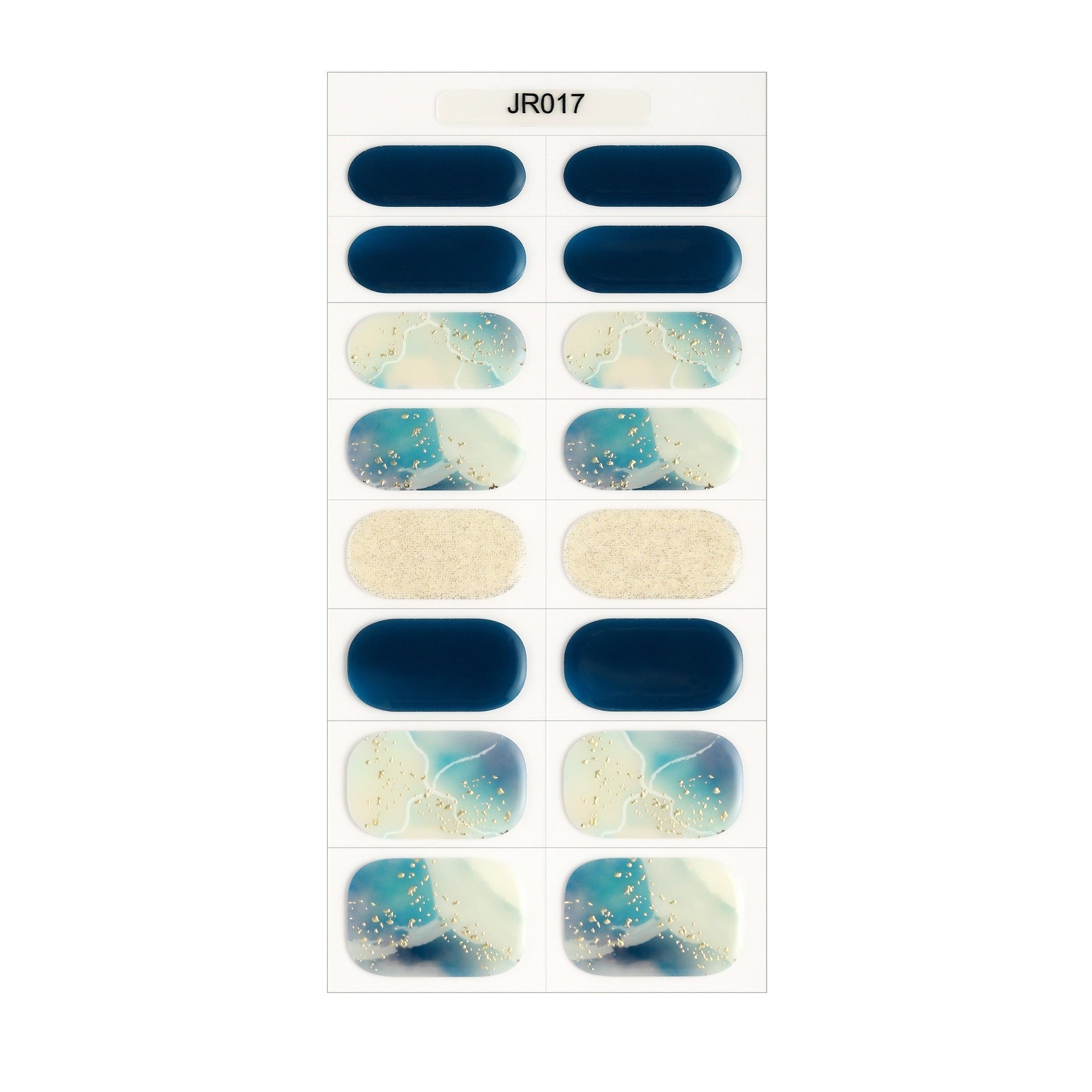 The Designer Gel Edit features a variety of gel nail designs in blue, white, and glitter accents on a display sheet.