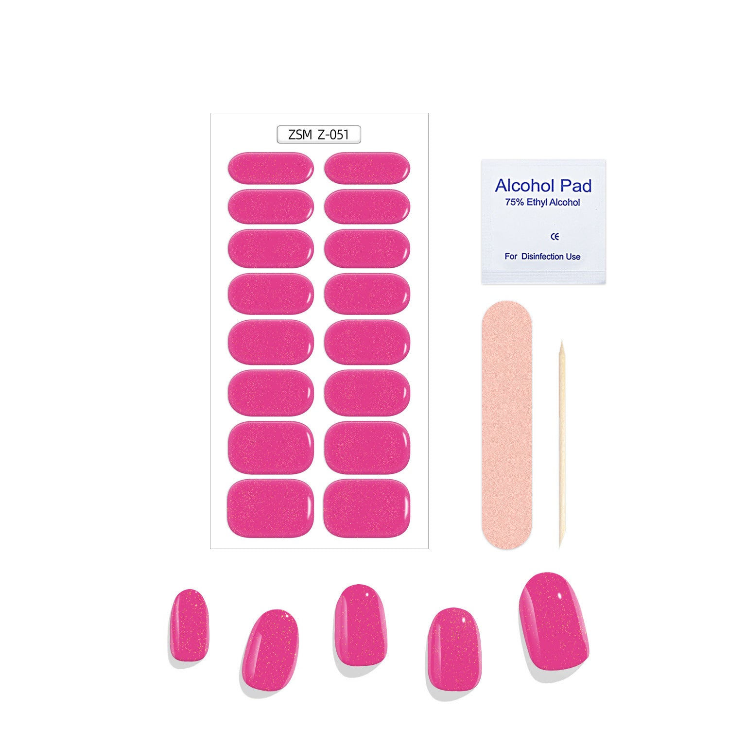 Crystal Chrome fashion nail set featuring bright pink press-on nails, an alcohol pad, a nail file, and a wooden stick.