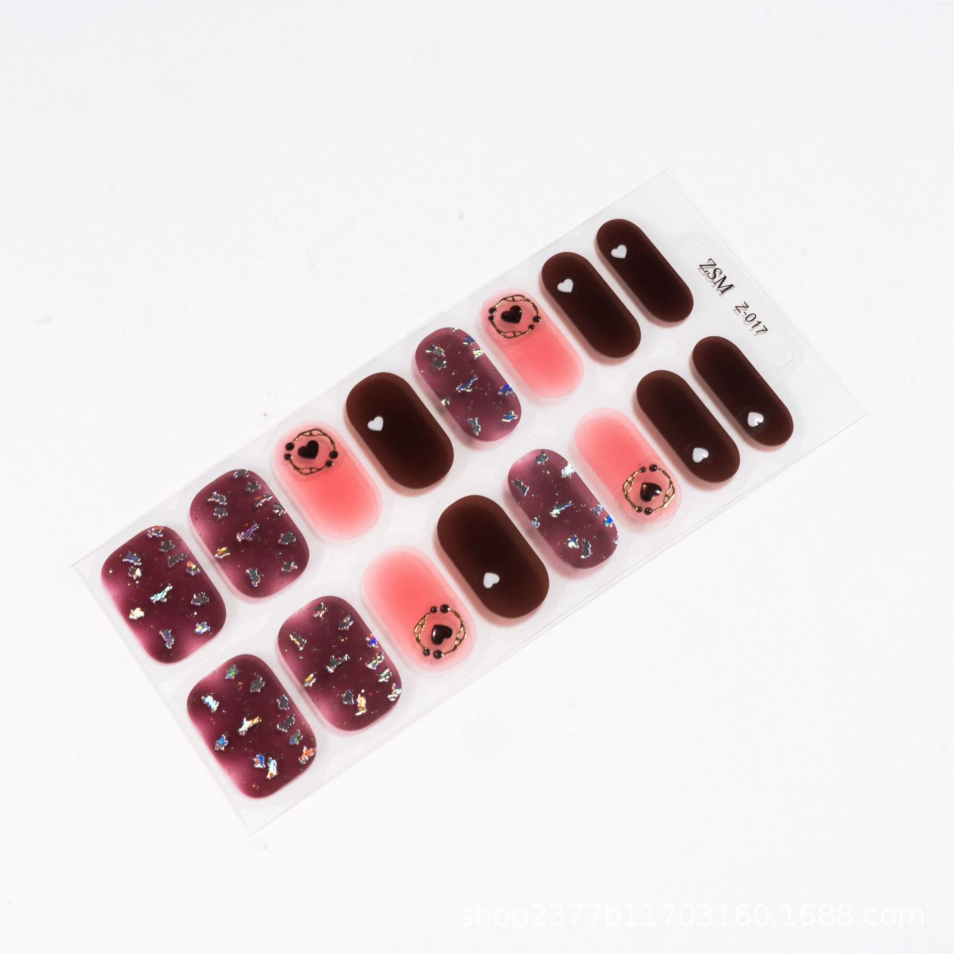 3D nail sticker set featuring various designs in pink and burgundy with glitter accents and heart shapes.