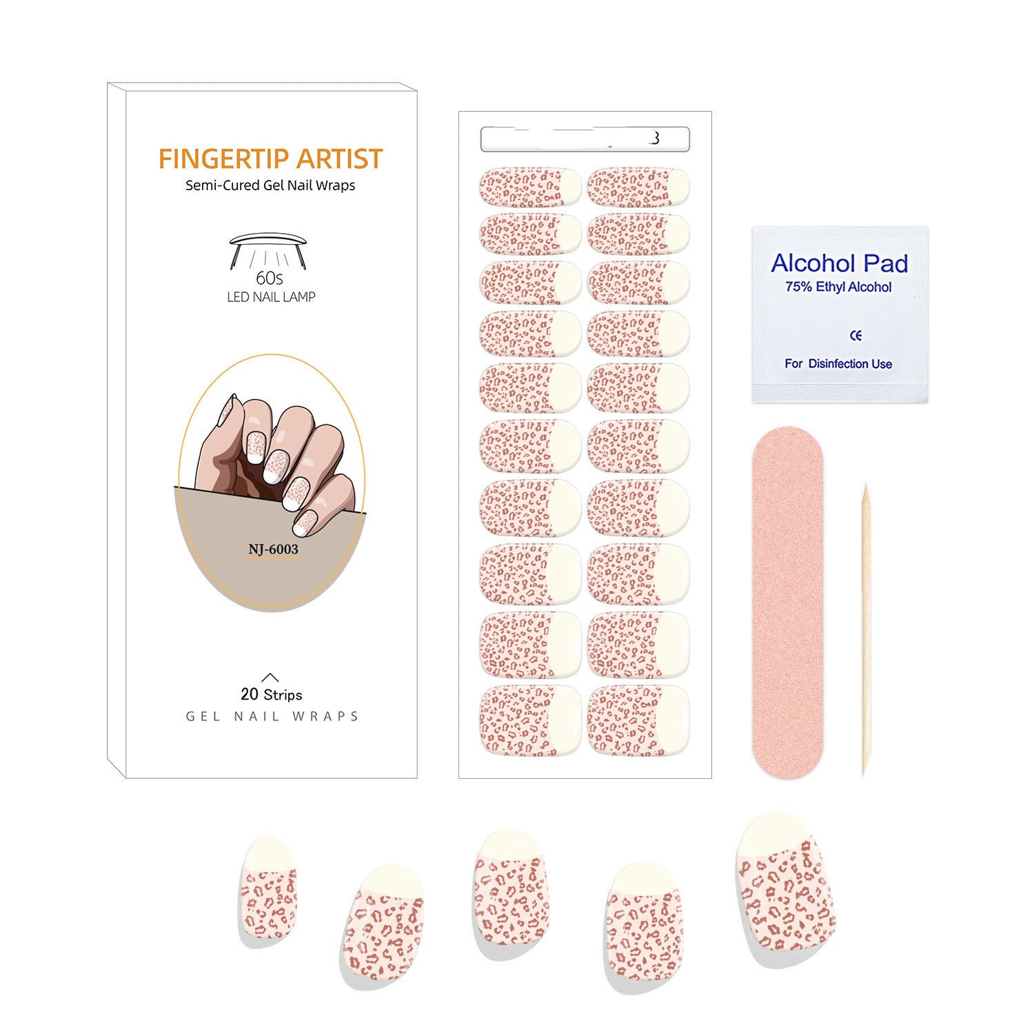 Currant™ Canvas Kit includes gel nail wraps, an alcohol pad, a nail file, and a wooden stick for application.
