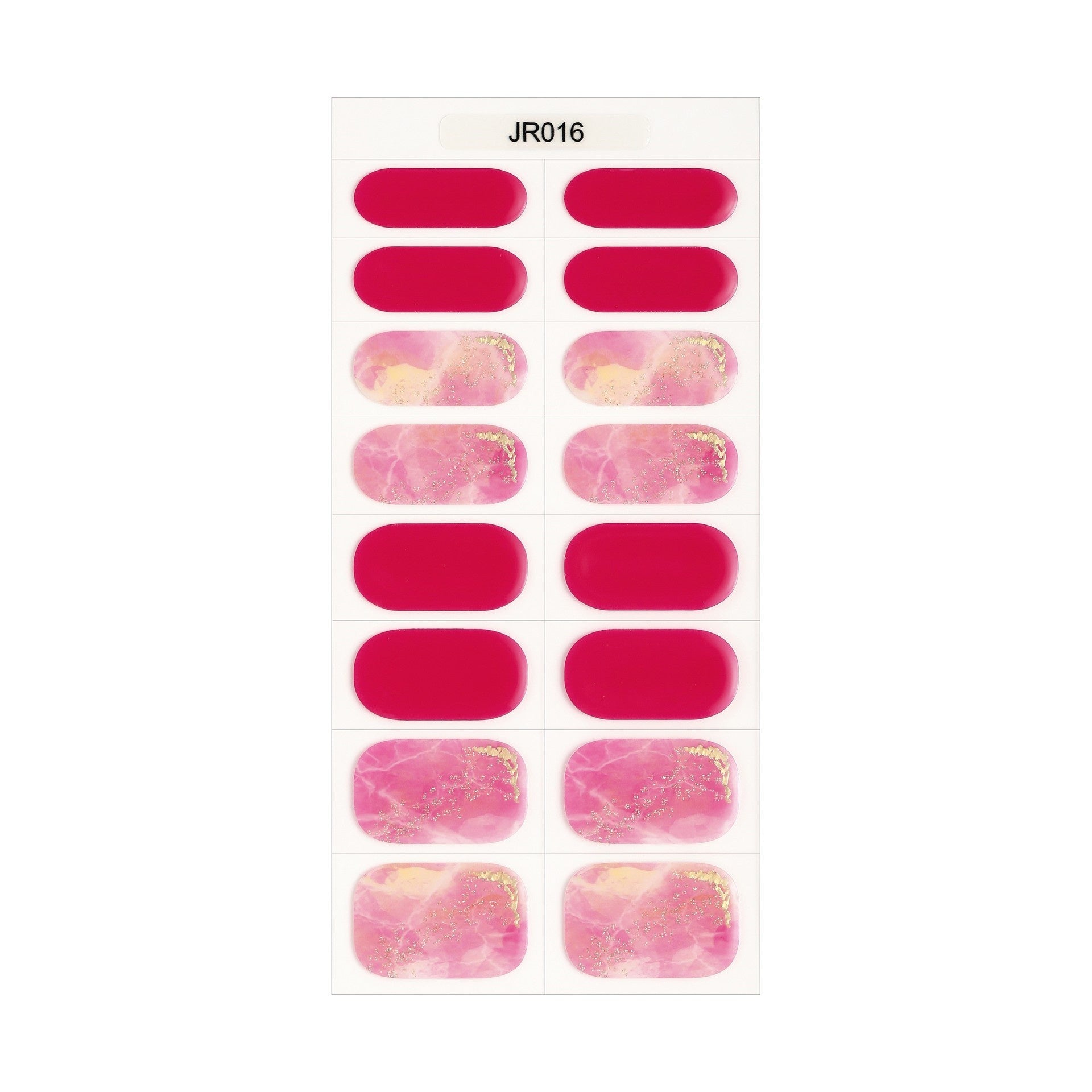 The Designer Gel Edit features pink gel nail strips with glossy and marbled designs on a white backing.
