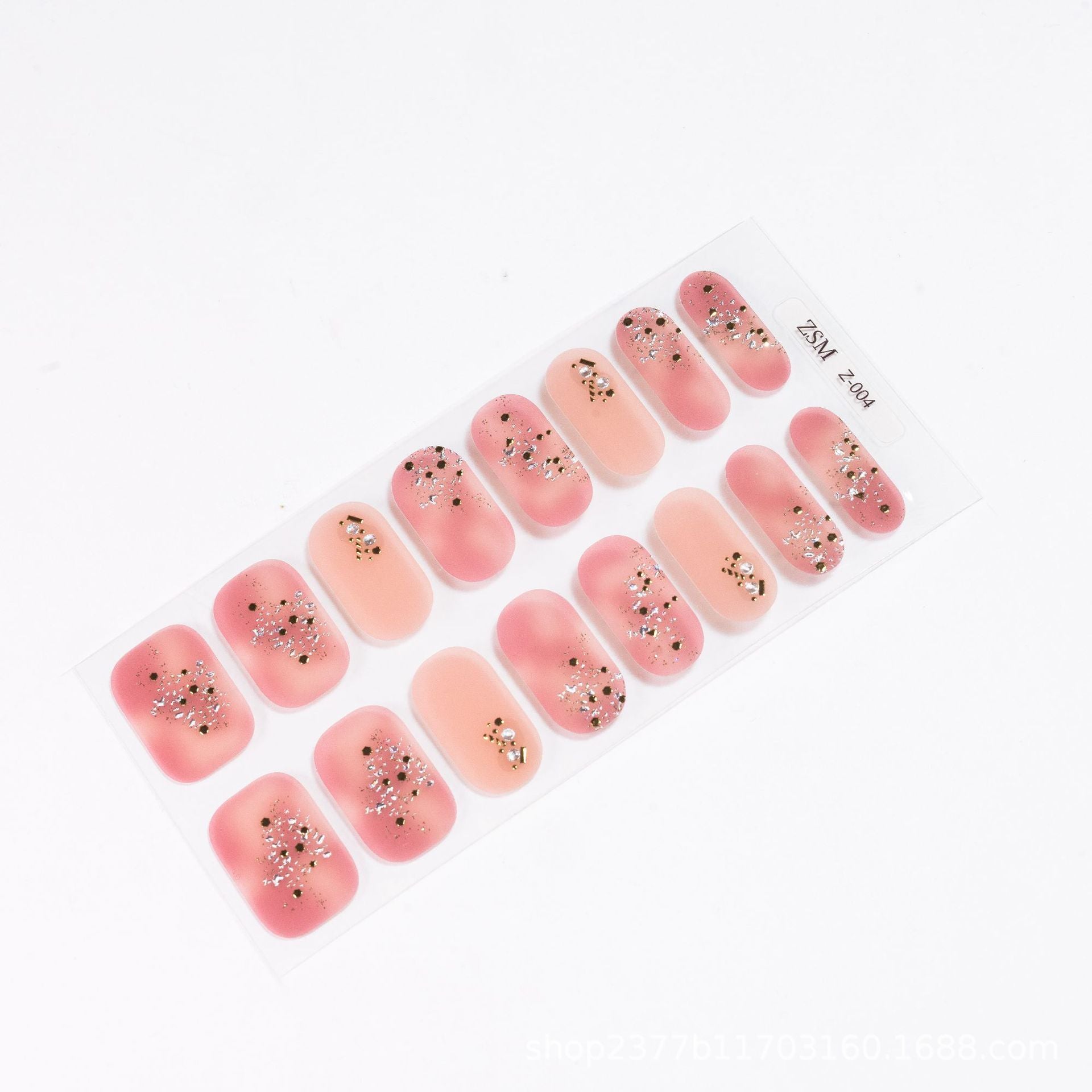 3D nail sticker sheet featuring various pink and nude designs with gold glitter accents.