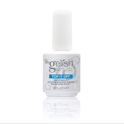 Gelish top coat in a 15 ml bottle, featuring a white label with blue text and a sleek design.