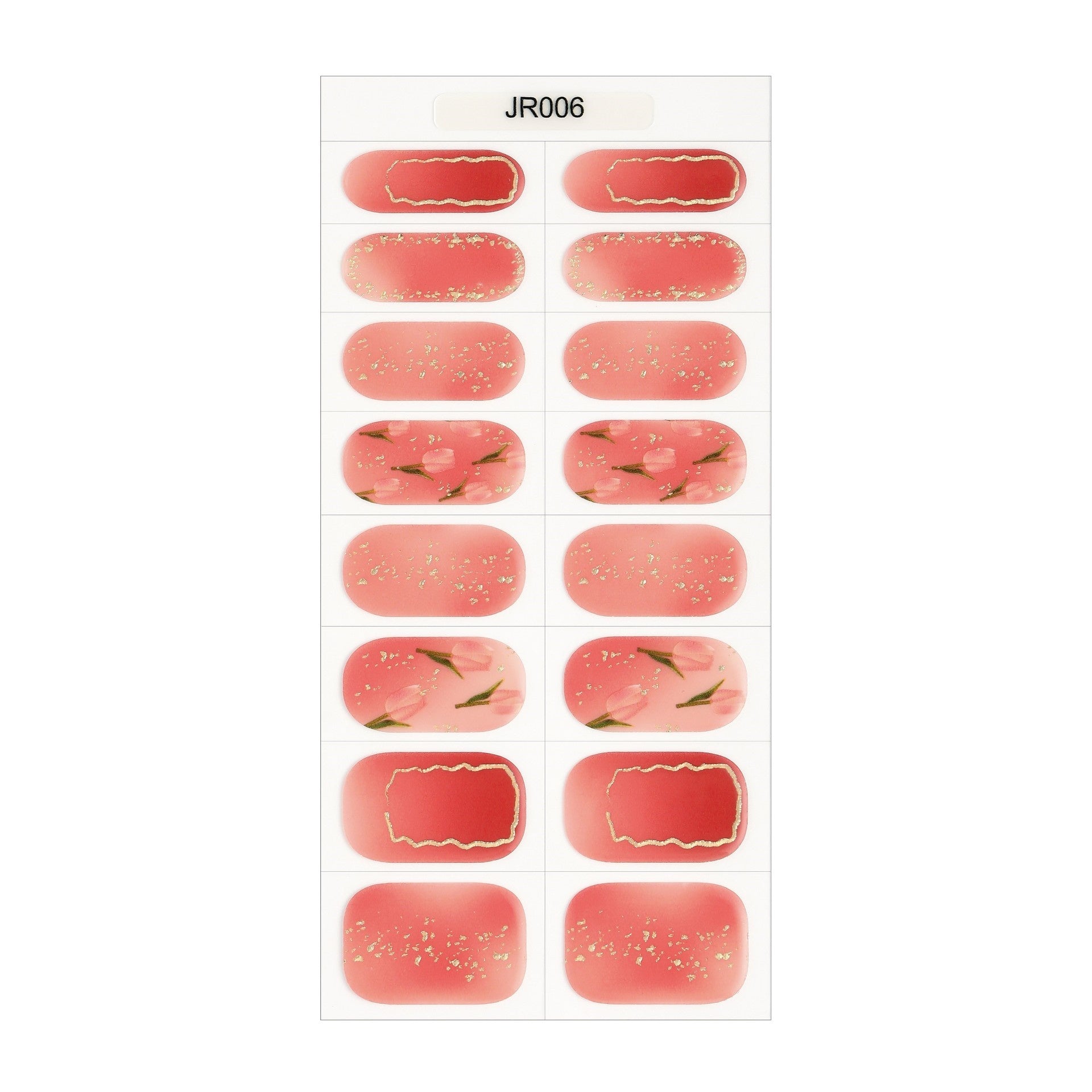 The Designer Gel Edit features a set of pink gel nails with floral designs and gold accents on a white background.