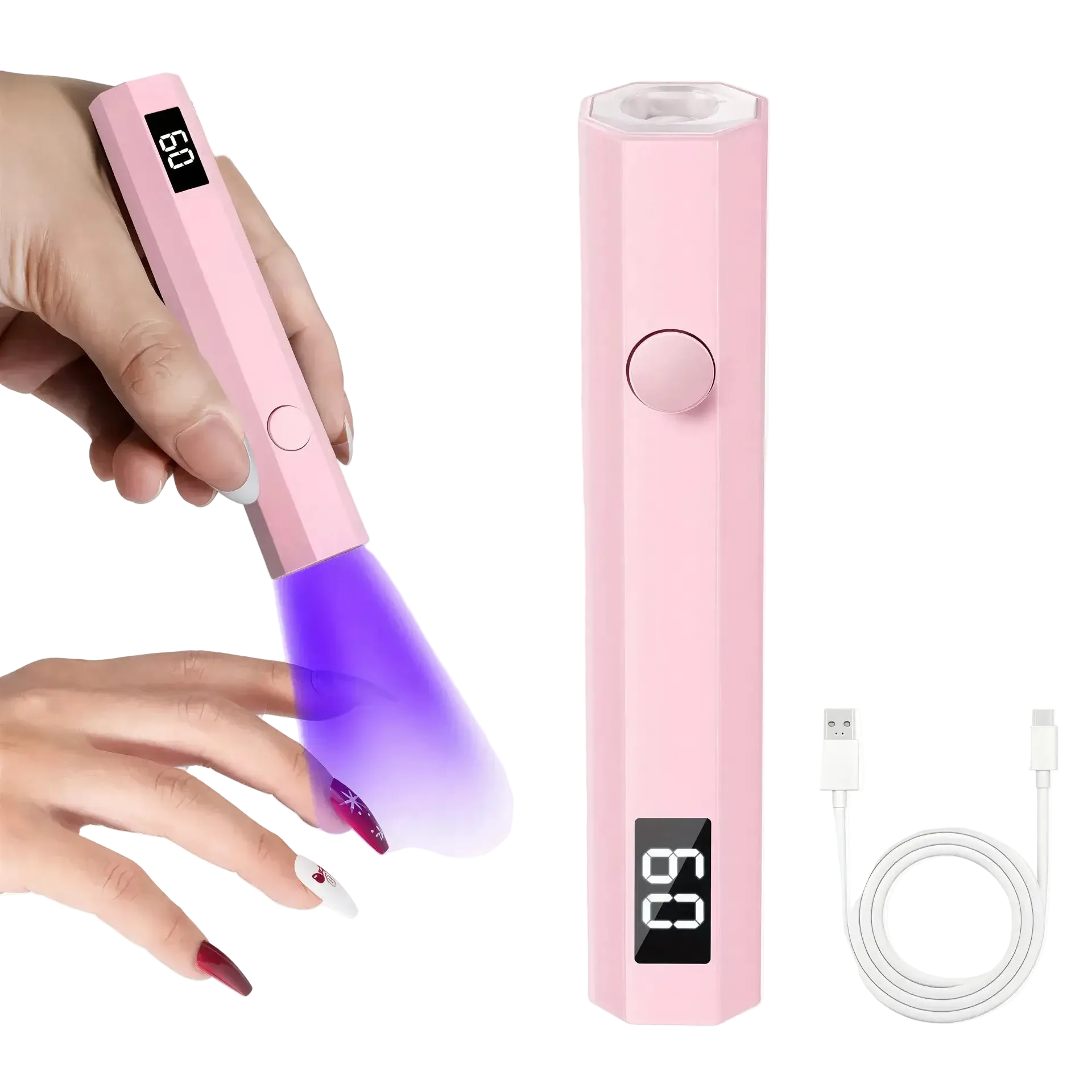 UV pen lamp in pink with a digital display, illuminating a hand with red nails, includes USB charging cable.