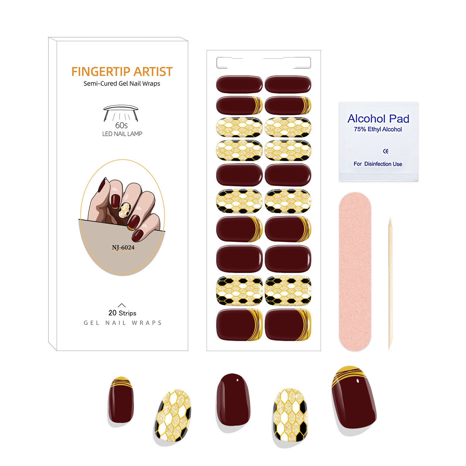 Currant™ Canvas Kit featuring burgundy and gold gel nail wraps, alcohol pad, and nail file in a compact package.