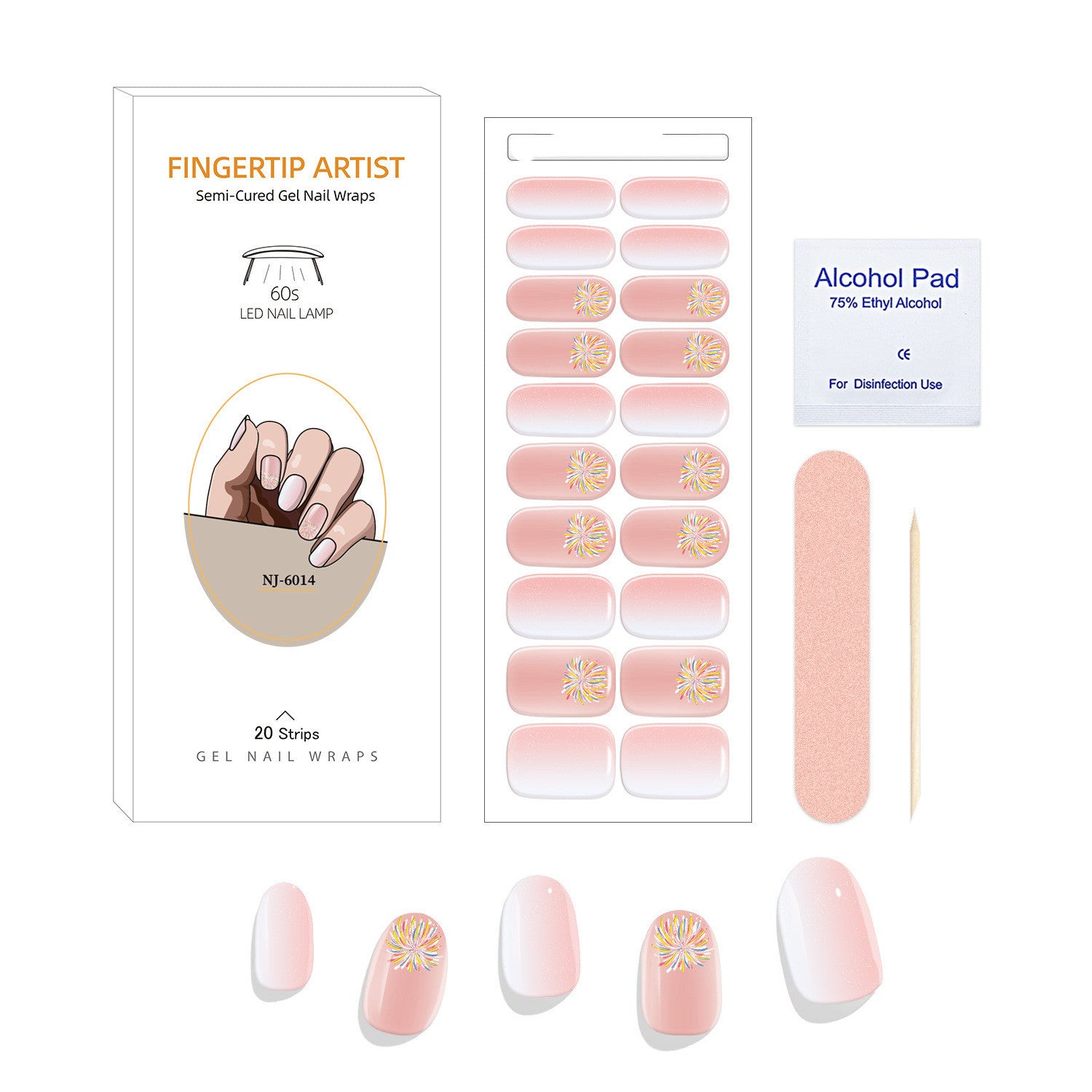 Currant™ Canvas Kit includes gel nail wraps, an alcohol pad, and a nail file in a pink and white design.