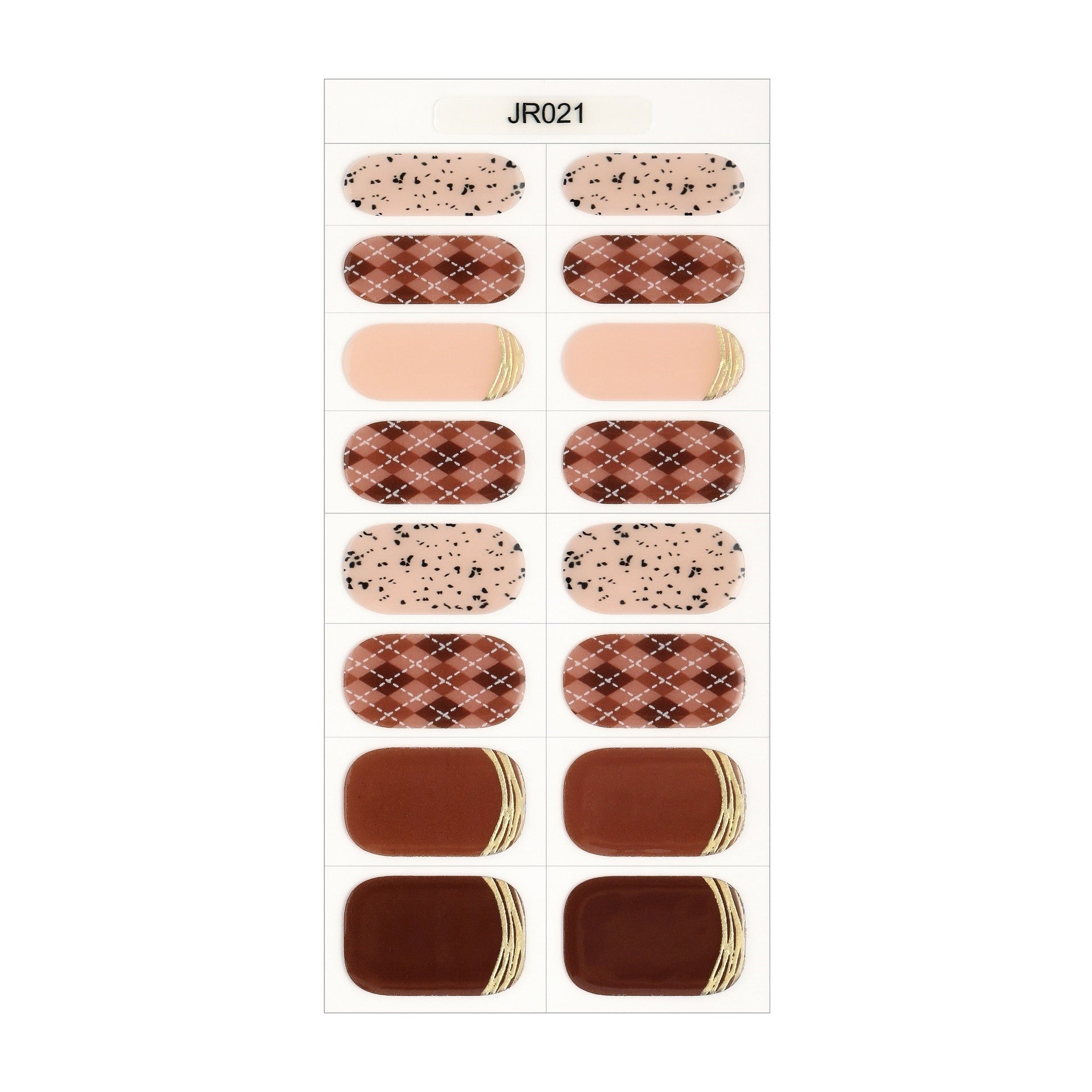 Café Plaid nail wrap set with warm tones, featuring plaid, solid, and speckled designs on a white backing.
