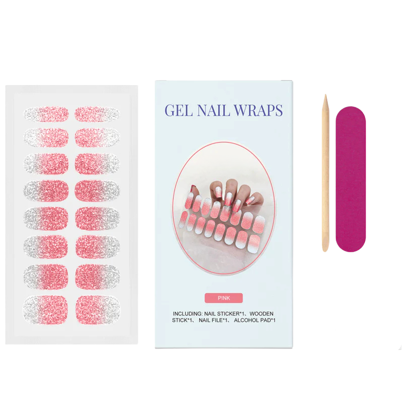 Currant™ Glitter gel nail wraps in pink and silver, with included wooden stick, nail file, and alcohol pad.