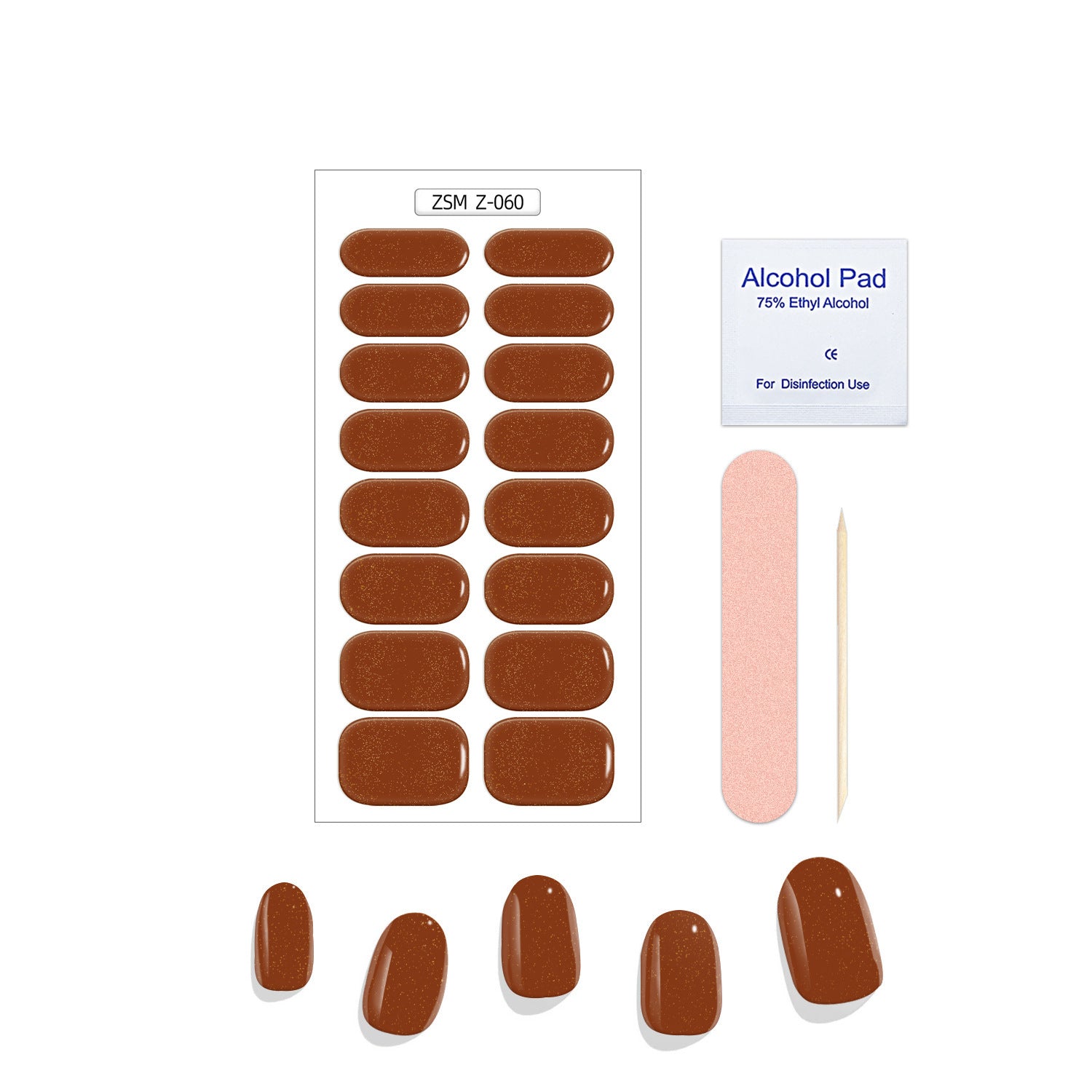 Crystal Chrome fashion nails in a warm brown shade, with an alcohol pad, nail file, and wooden stick included.