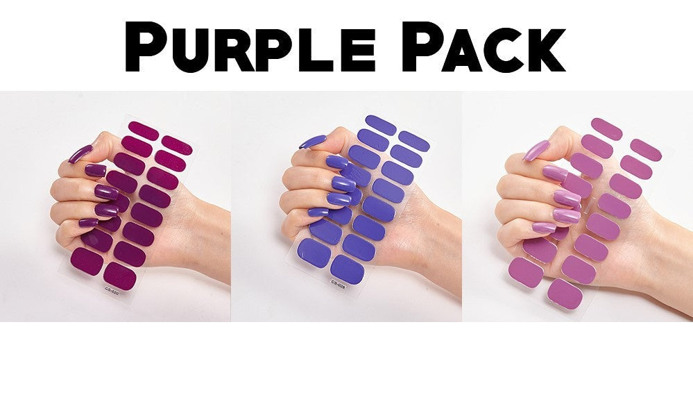 Triple bundle featuring purple nail wraps in various shades, displayed on a hand with long, manicured nails.