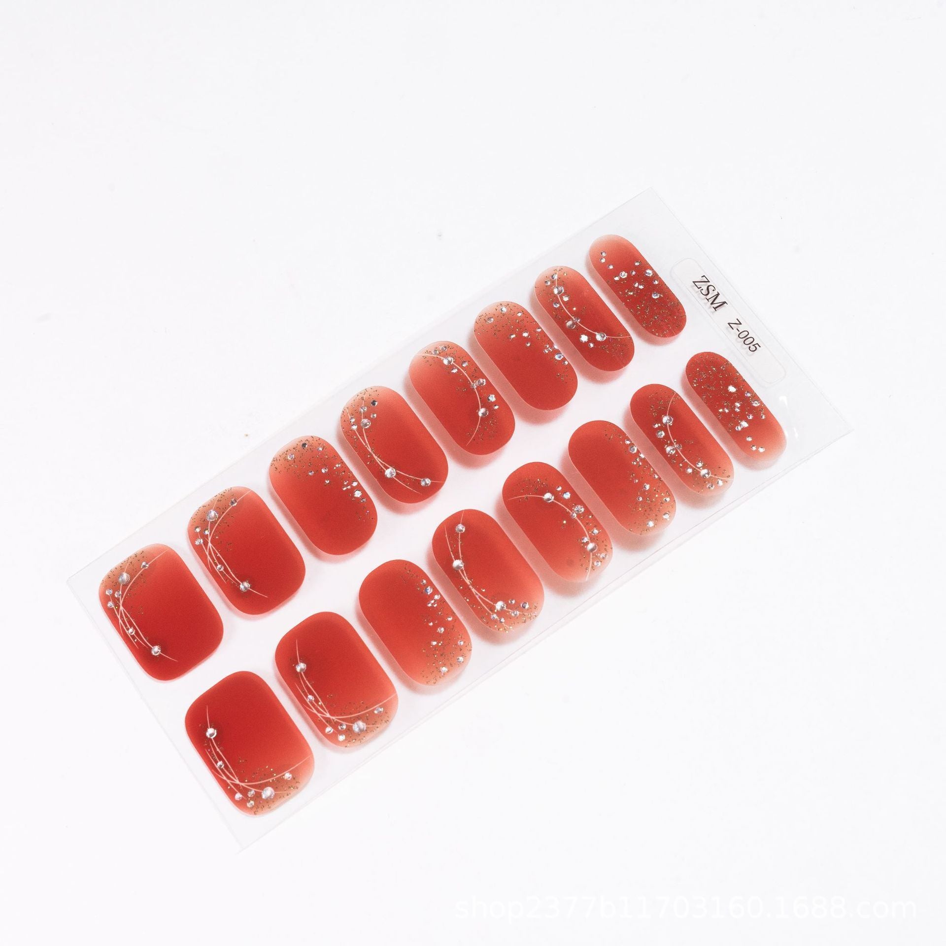 3D nail sticker set featuring red and clear designs with silver accents on a transparent backing sheet.