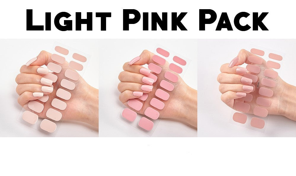 Triple bundle featuring three light pink nail polish shades on a hand holding a color swatch card.