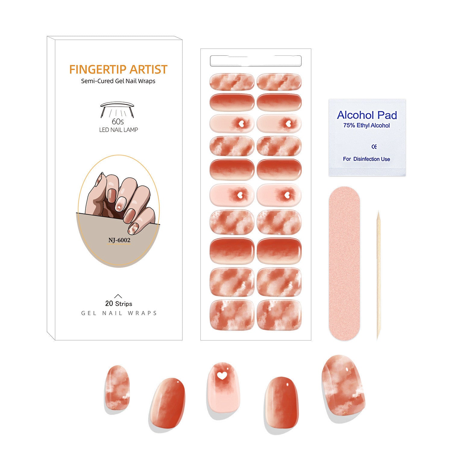 Currant™ Canvas Kit includes gel nail wraps in coral and pink hues, alcohol pad, nail file, and wooden stick.