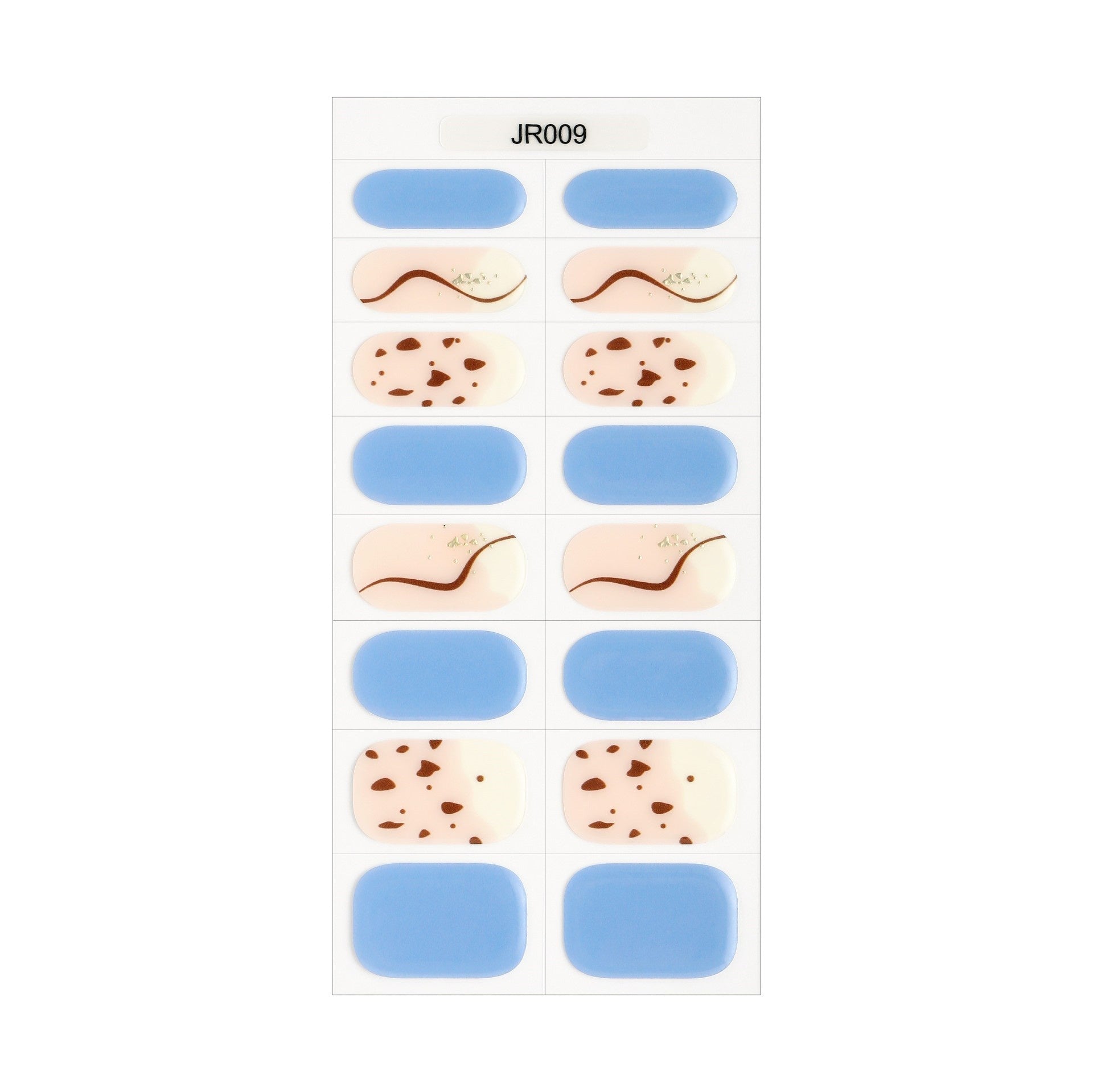 The Designer Gel Edit features a variety of gel nail designs, including blue, pink, and patterned styles on a sheet.