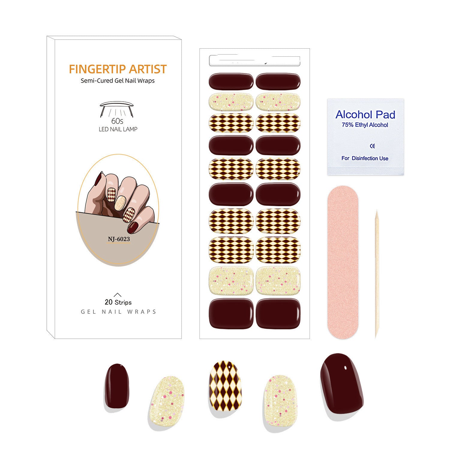 Currant™ Canvas Kit with gel nail wraps in burgundy, gold, and white patterns, includes alcohol pad and nail file.