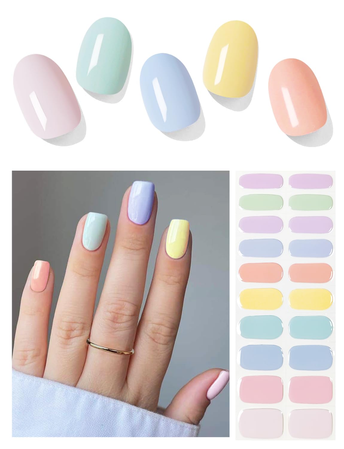 Pastel Bloom nail swatches in pink, green, blue, yellow, and peach displayed on nails and a sheet.