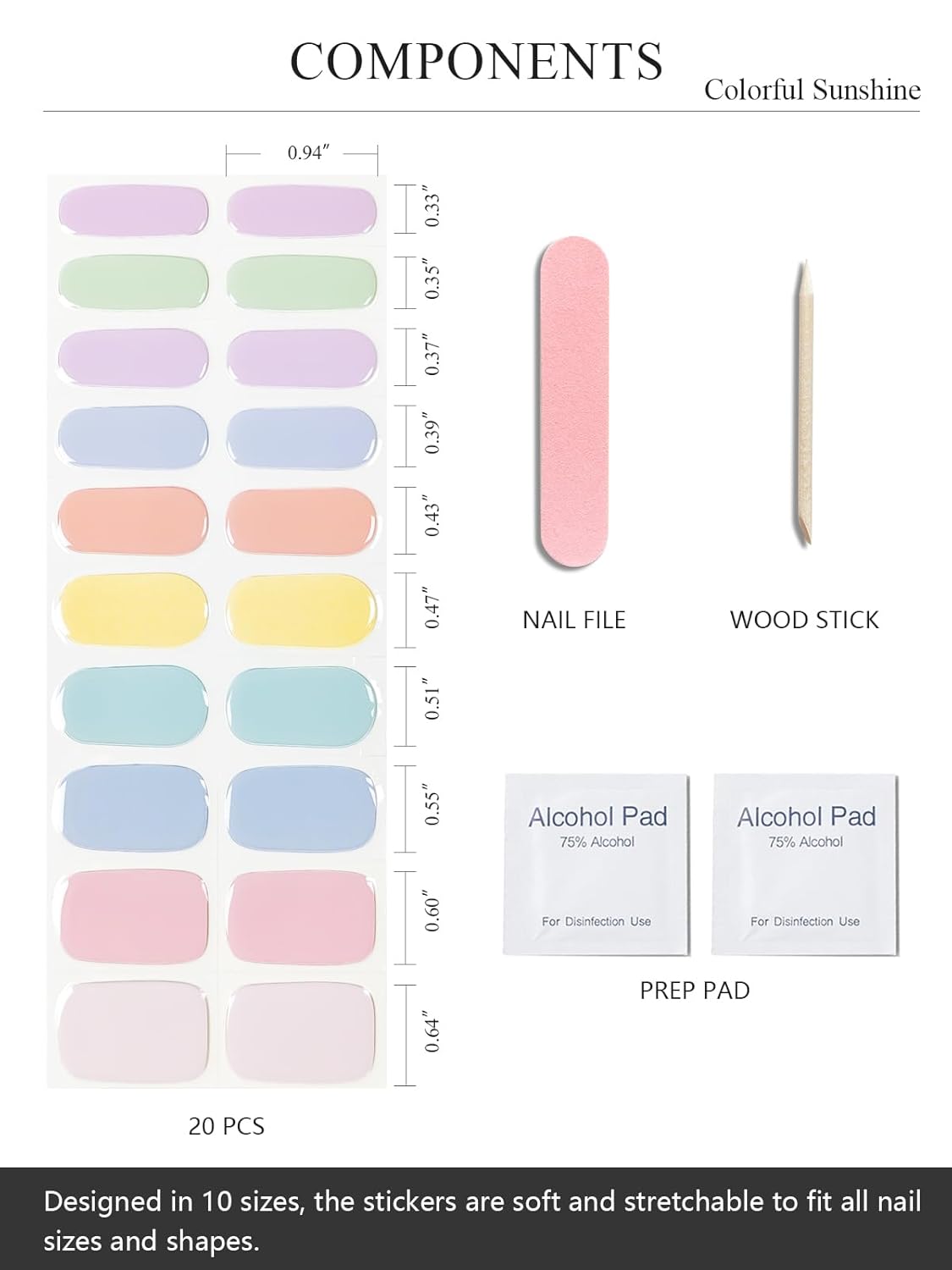 Non UV pastel bloom nail art kit with 20 colorful stickers, a nail file, wood stick, and alcohol prep pads.