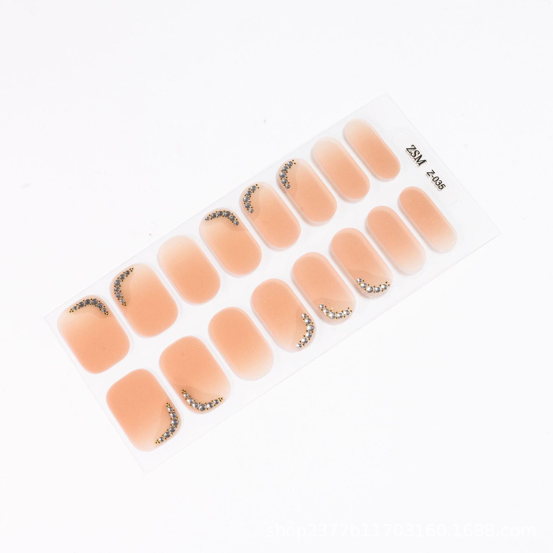 3D nail sticker sheet featuring nude and glittery crescent designs on a transparent backing.