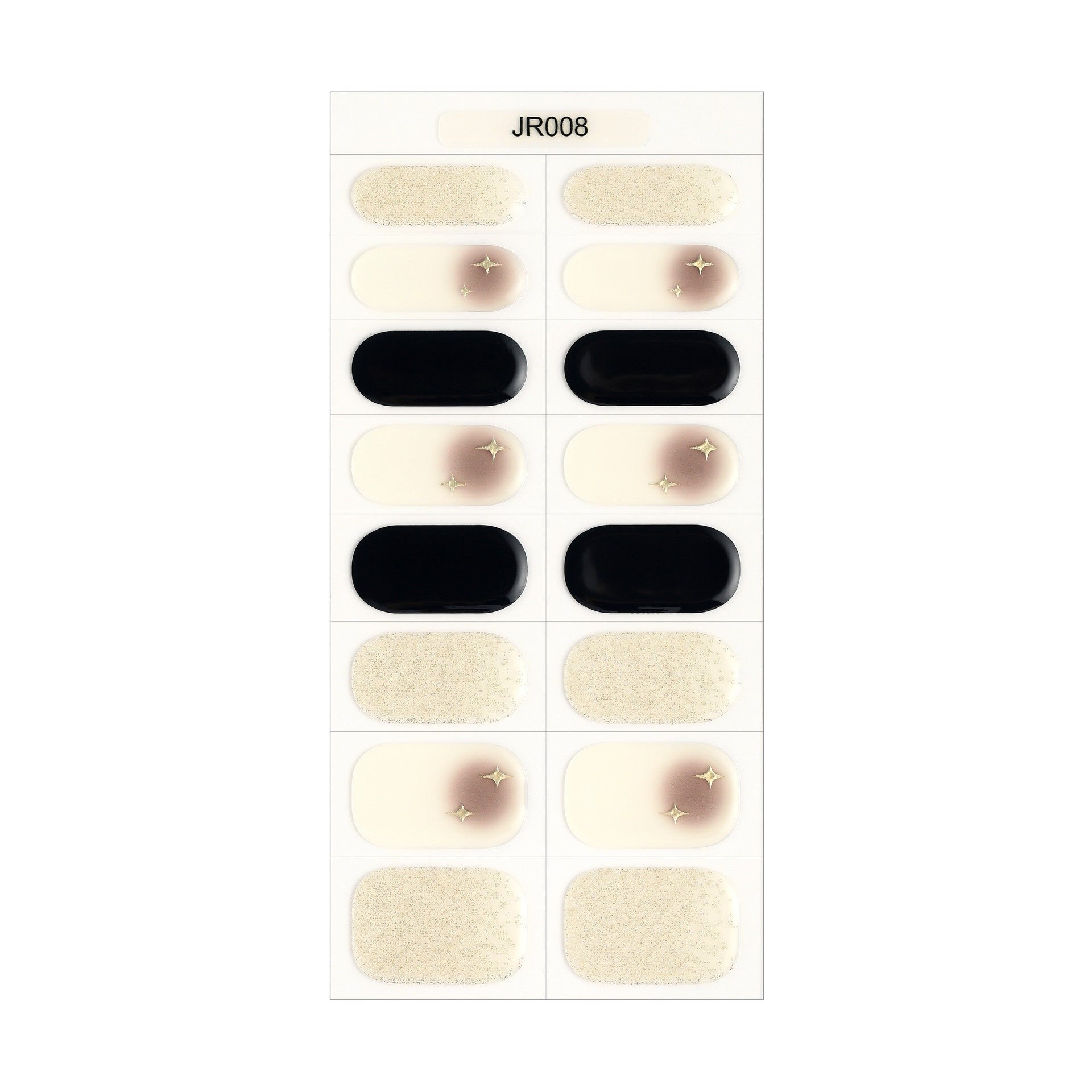 The Designer Gel Edit nail wraps with black, cream, and glitter designs featuring star accents on a white background.