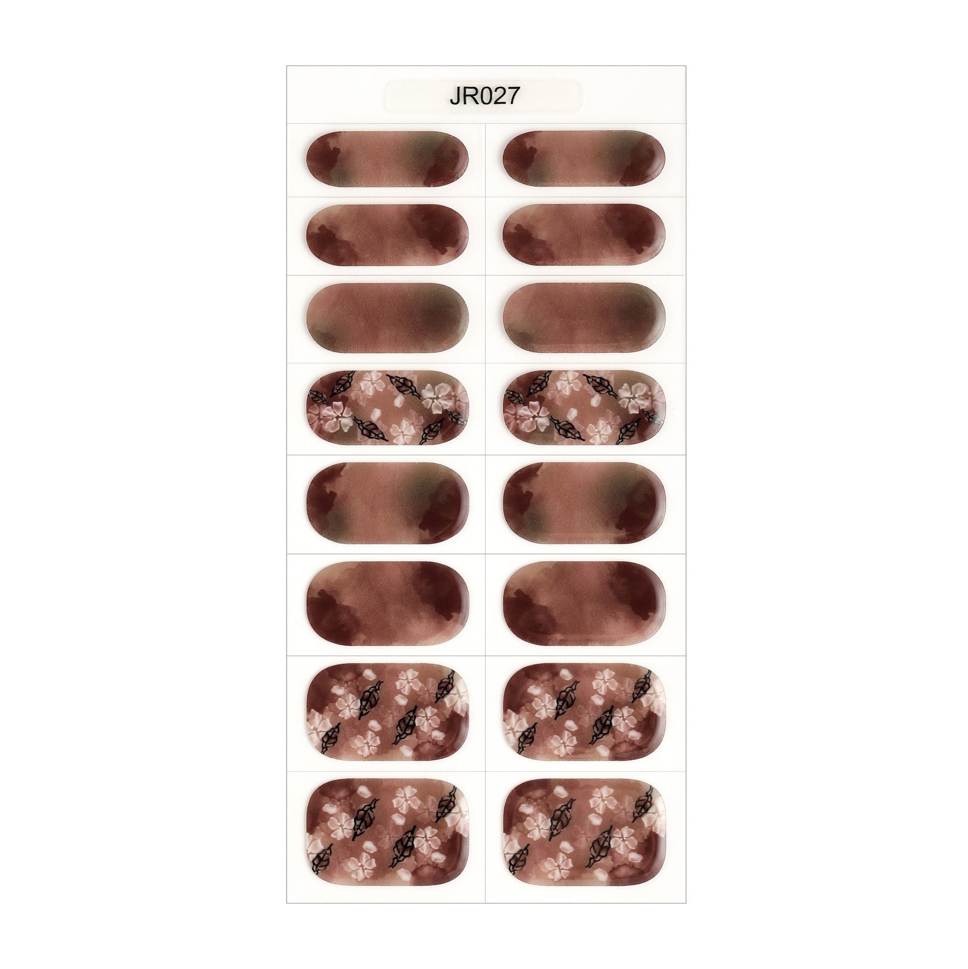 The Designer Gel Edit nail wraps with burgundy and soft pink floral patterns on a clear background.