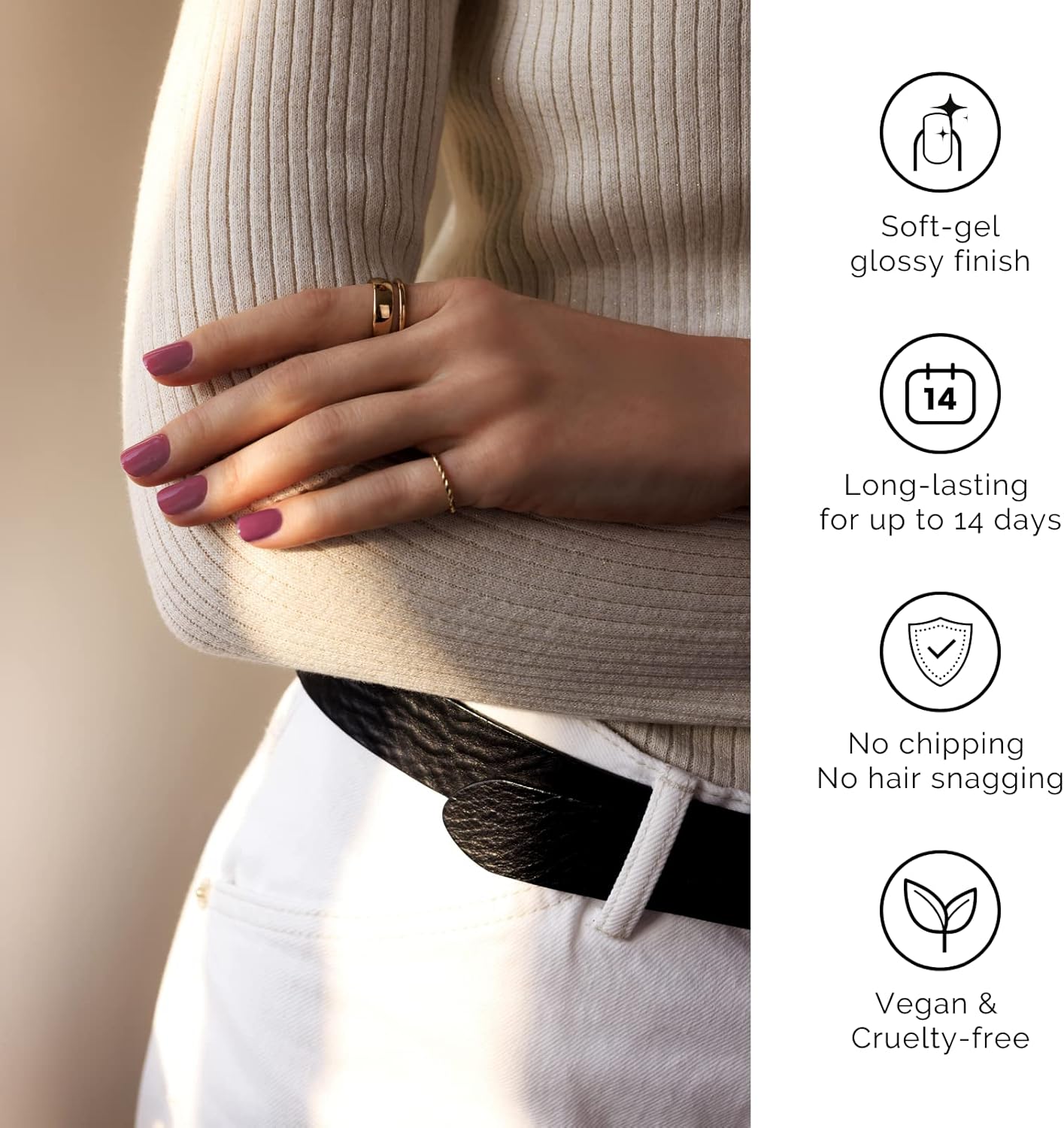 Currant™ Starter Kit displayed with a hand showing soft-gel glossy nails, wearing rings, and a textured sweater.