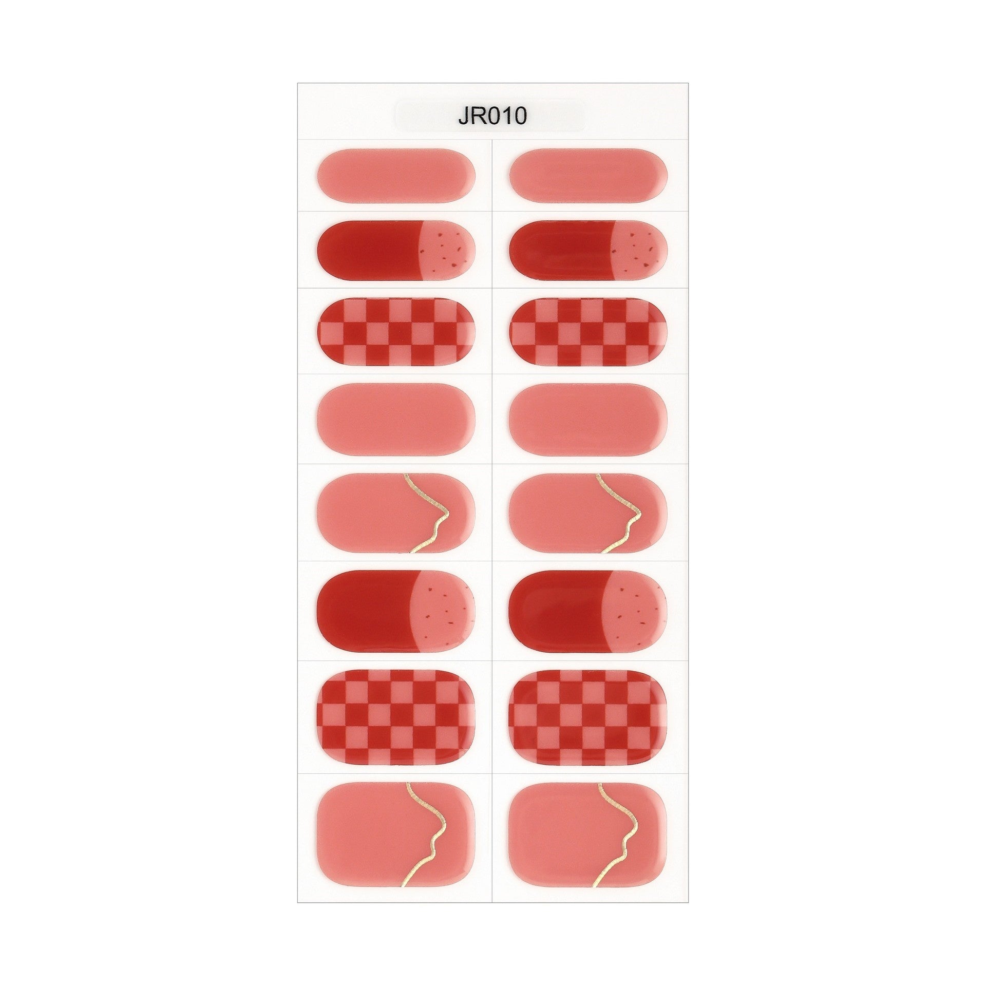 The Designer Gel Edit features a variety of red and pink nail designs, including checkered patterns and solid colors.