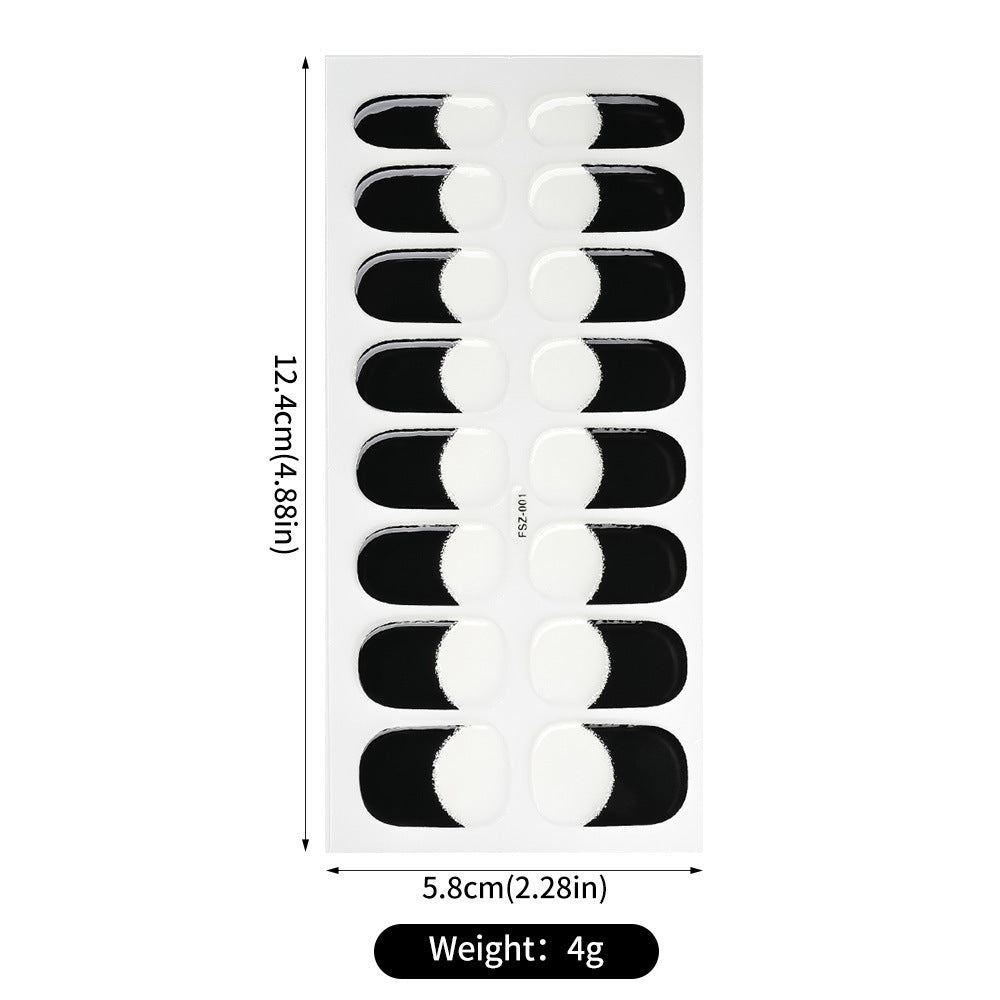 French Glitter nail stickers in black and white, arranged in a rectangular sheet with dimensions and weight noted.