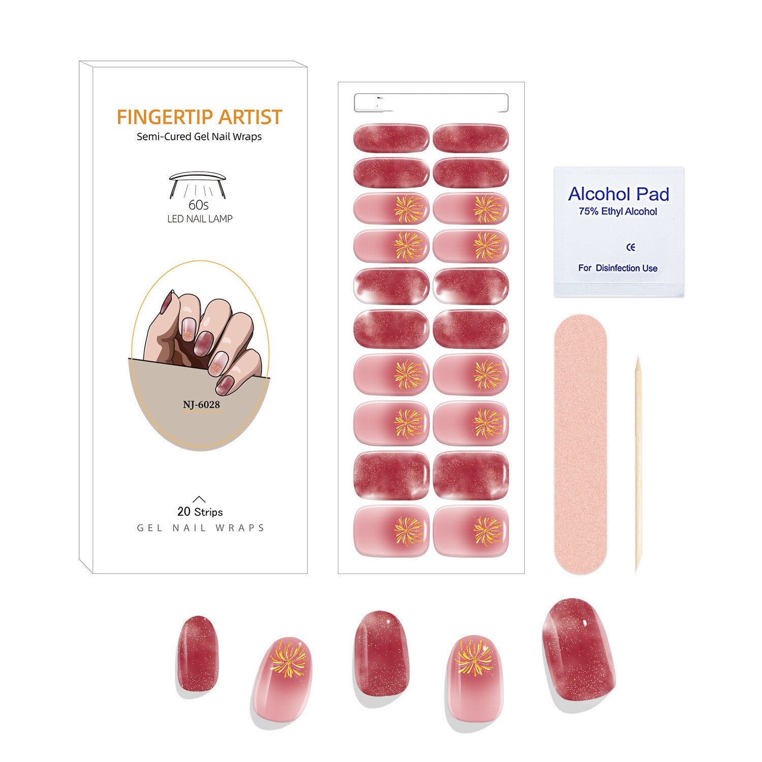 Currant™ Canvas Kit includes gel nail wraps, an alcohol pad, and a nail file in a pink and gold design.