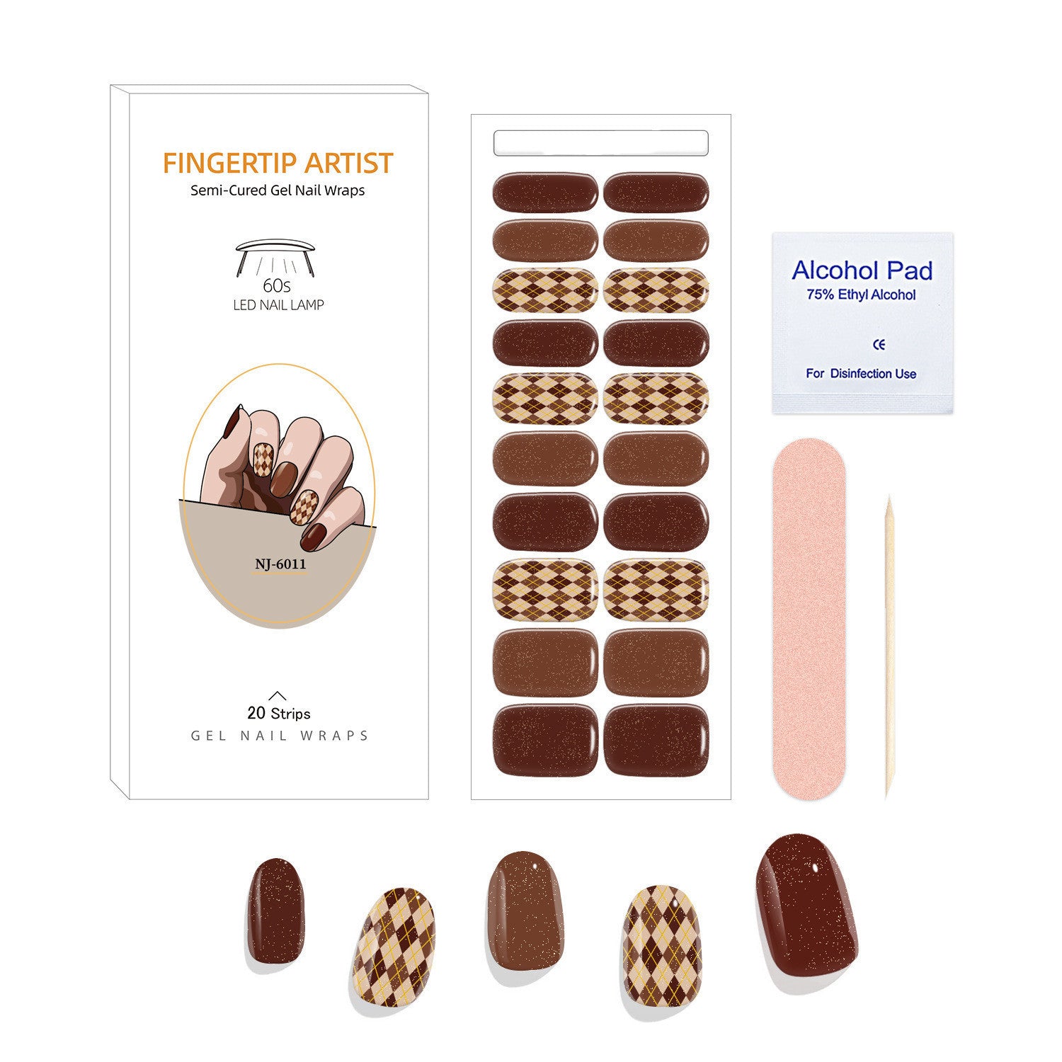 Currant™ Canvas Kit featuring gel nail wraps in brown tones, including patterns and an alcohol pad for application.