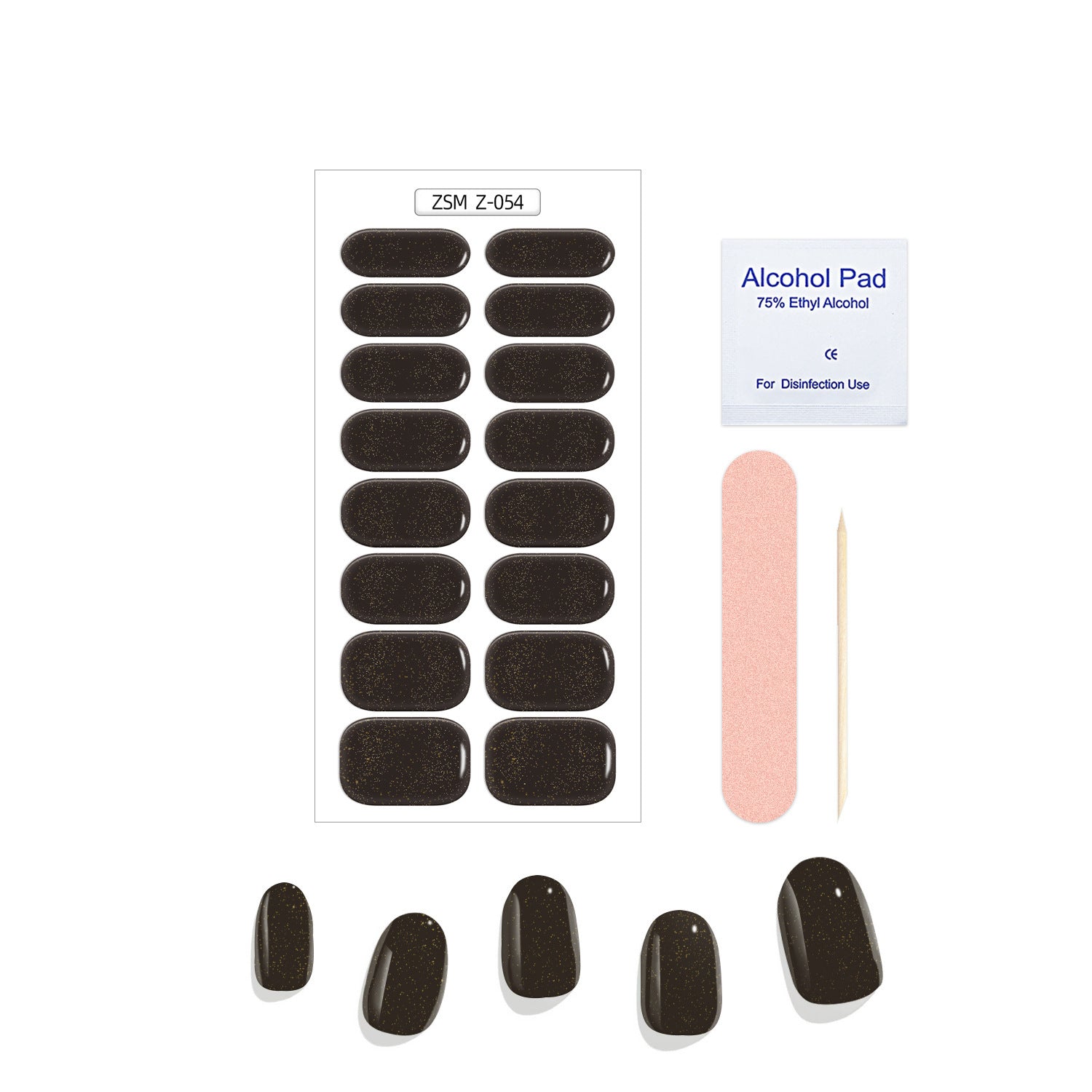 Crystal Chrome fashion nails set with 20 dark brown adhesive nail strips, alcohol pad, wooden stick, and pink file.